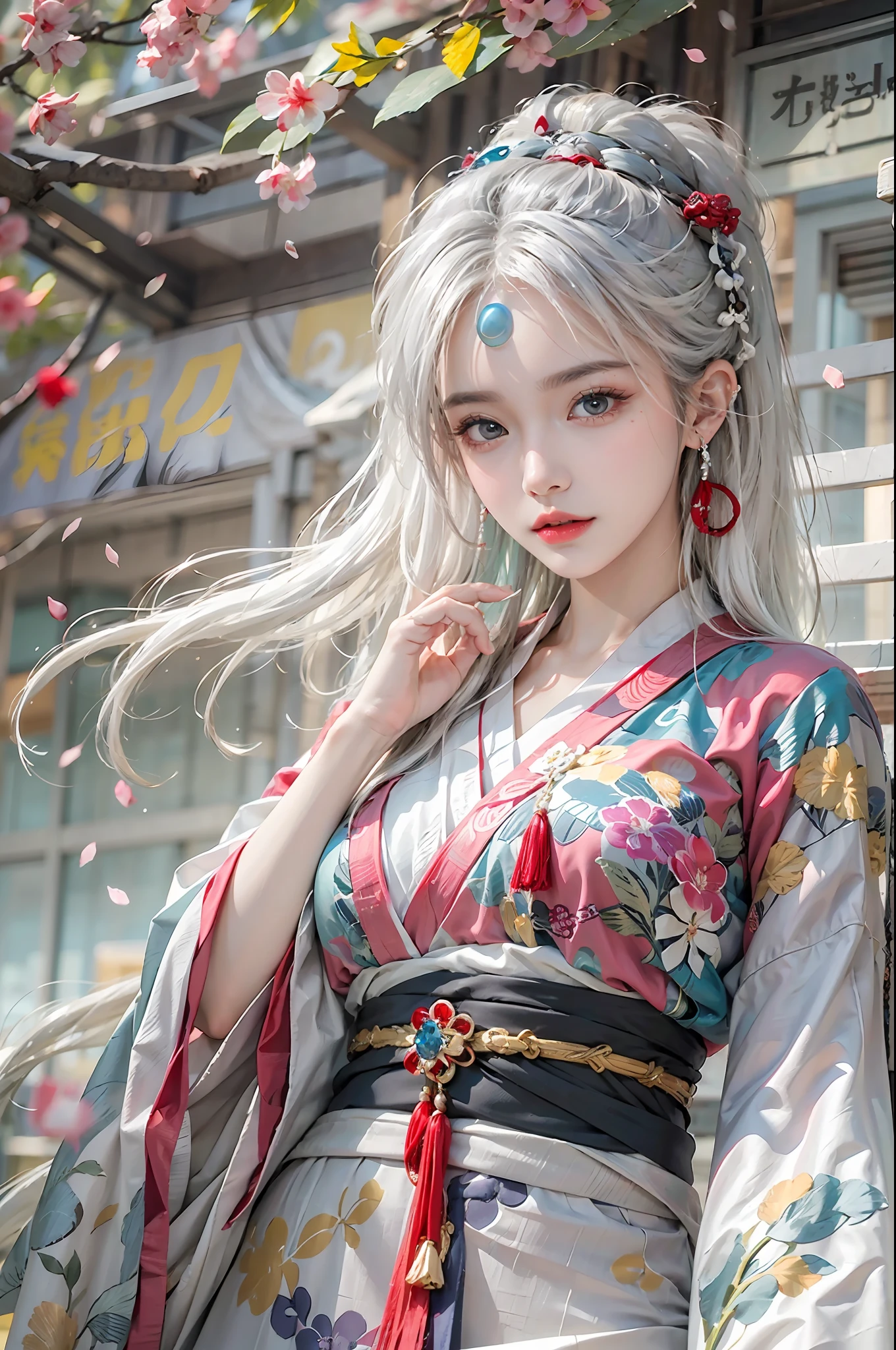 photorealistic, high resolution, colorful, color splash, splash, 1 girl, solo, hips up, beautiful eyes, white hair, medium breast, intricate brocade hanfu, gorgeous accessories, wearing pearl earrings