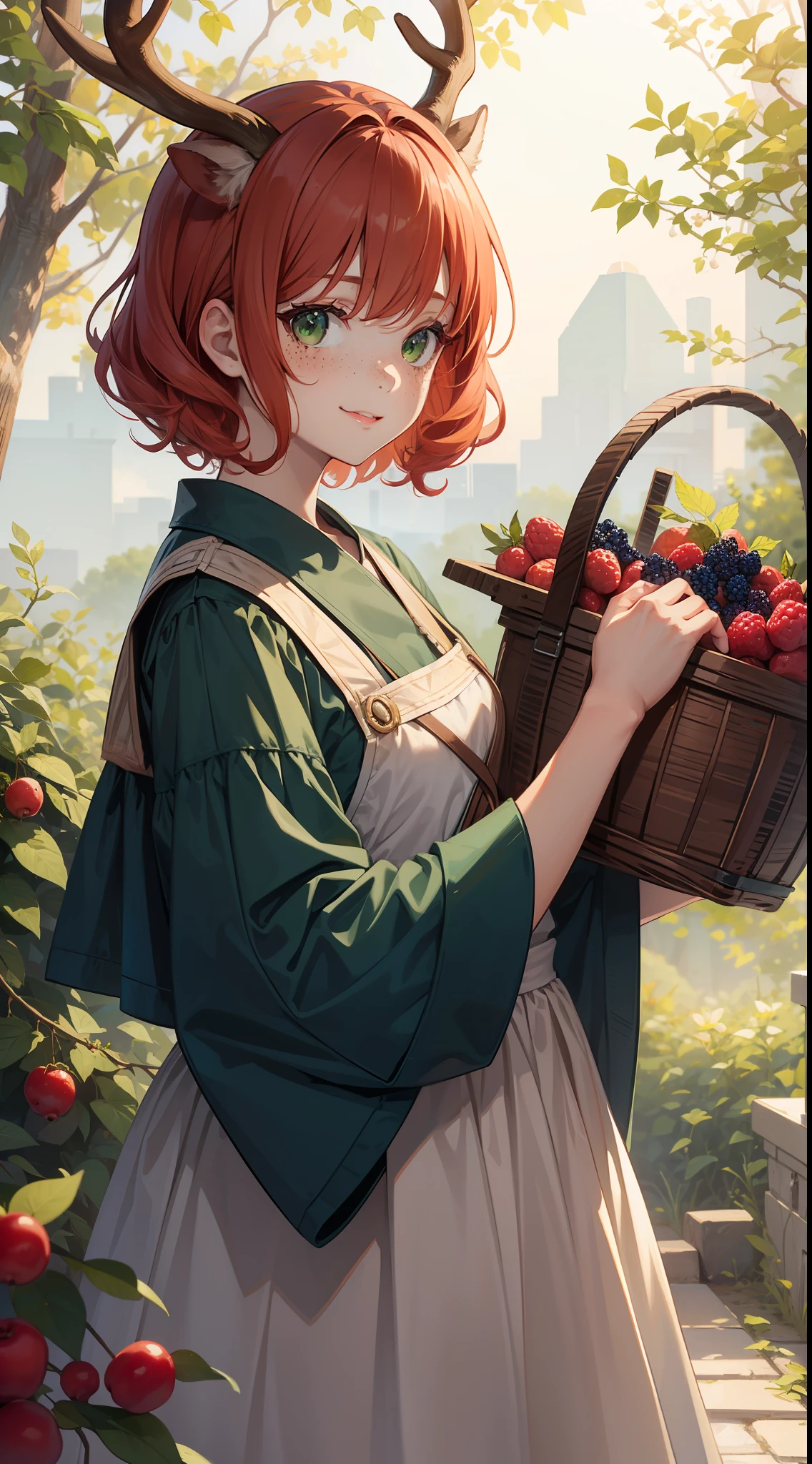 young girl, short red curly hair, Green eyes, freckles, Deer antlers, ssmile, Old Russian folk peasant dress, Basket of berries, Masterpiece, hiquality