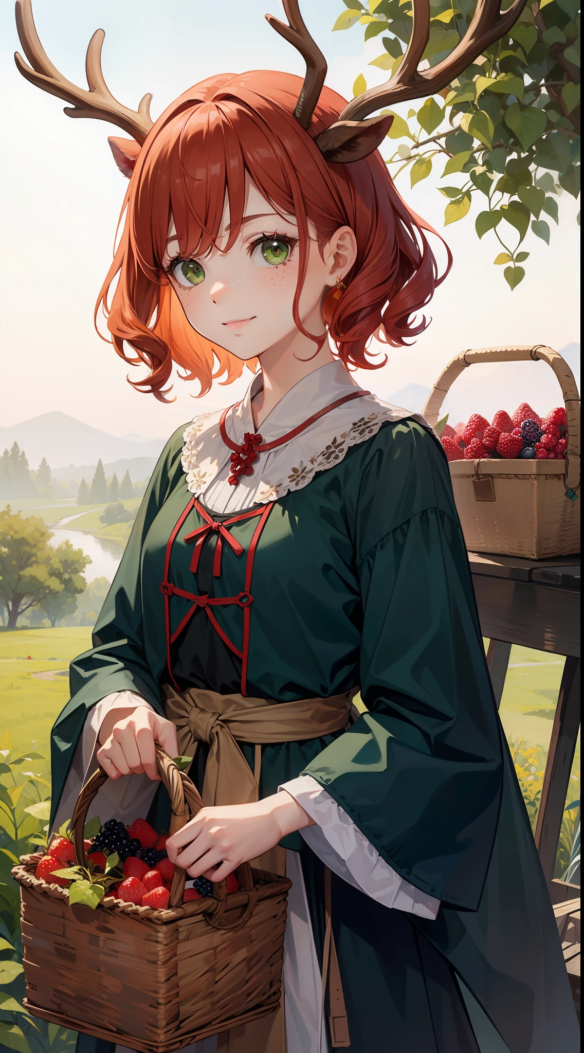 young girl, short red curly hair, Green eyes, freckles, Deer antlers, ssmile, Old Russian folk peasant dress, Basket of berries, Masterpiece, hiquality