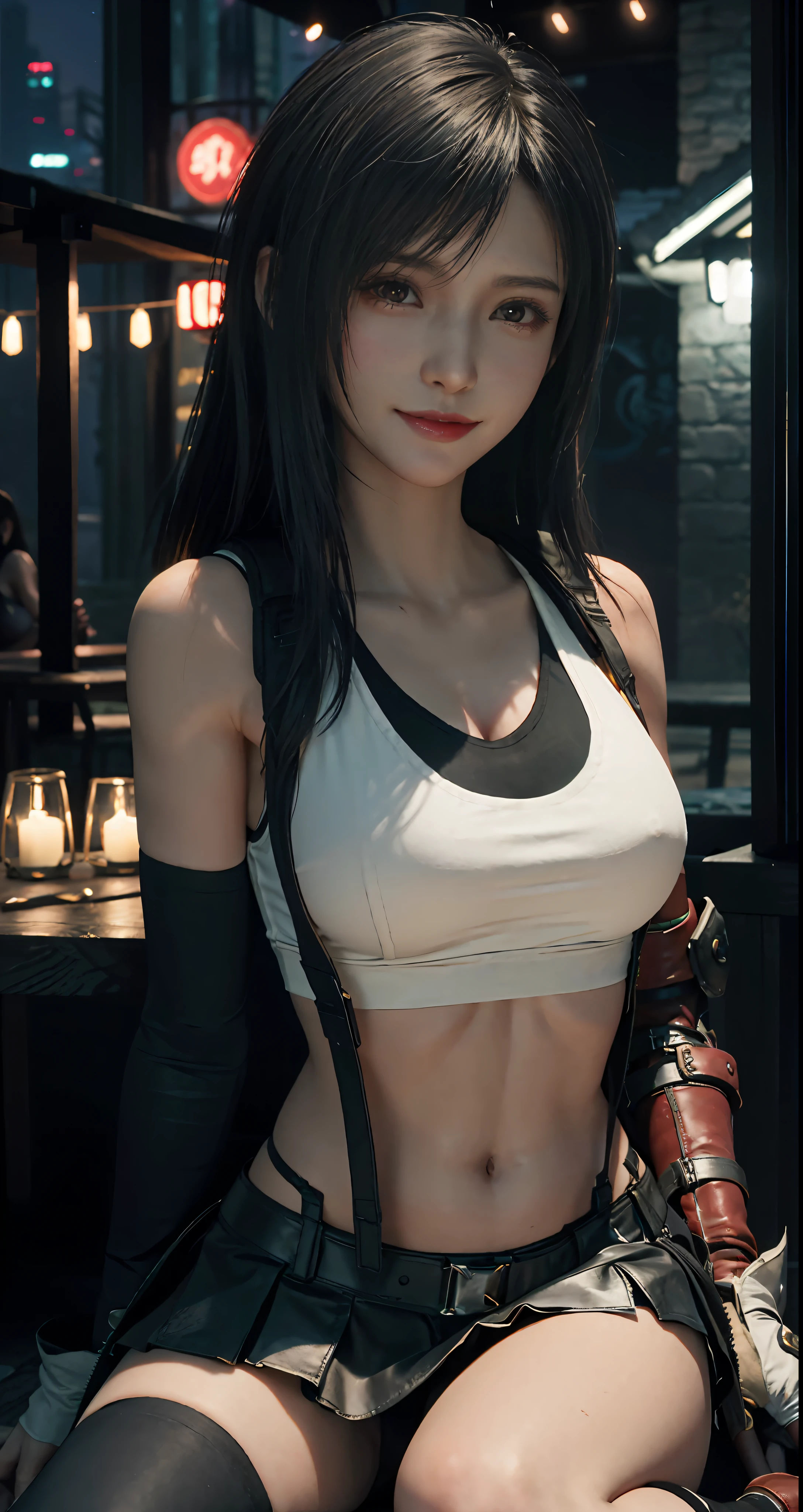 (8k、Highest Quality、A masterpie:1.2)、(Realistic、Photorealistic:1.3 People 7)、Super detailed、Girl 1 Mature Mature Woman Mature Female Male、cutest、独奏, (Tifa Lockheart)、(big breastes), (((change, Show well)))、(((black bra)))、(pretty eyes)、(Smiling smile:1.2)、(hooded)、(erotic pose:1.3)、Dance、Neons、Street landscapes、and depth of field、Dark and strong shadows、sharp-focus、Auto、Motion blur、and depth of field、composition、Glowing green light、Final Fantasy VII、instrument、(nose blush)、Single elbow pad、ankle boots、dark black hair、black thigh、red boots、elbow gloves、elbow pads、partially fingerless gloves、tight shirt、sports bra、(Suspenders,)black skirt、thights、white tanktop、All over body、headrest、s lips、facial、Long hair with low Thai、(red eyes:1.2), (night time:1.3)、Complex、bokeh、Cinematic lighting、Photon mapping、radiosity、physically based rendering、(Tetsuya Nomura style)、NSFW、A perfect chest