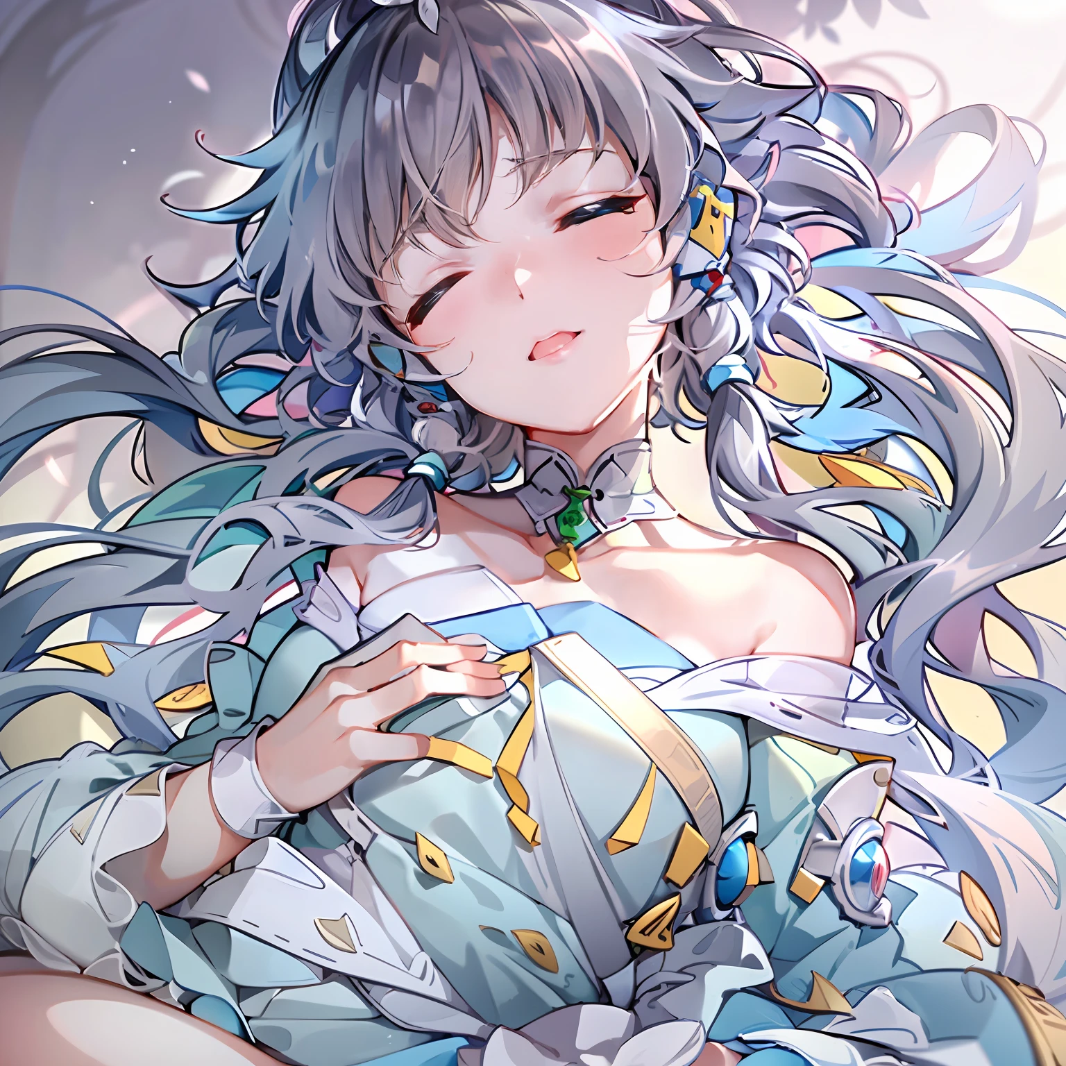 (((Masterpiece))), Best quality, Ultra-detailed, Extremely delicate, Soft and gentle scene, Sleeping girl, Close-up of pure closed eyes, Subtle tears gleamed in the corners, A flowing light blue dress,Reveal an elegant figure, Delicate curves, Subtle chest contour, a peaceful and serene atmosphere, Soothing colors, Dreamlike atmosphere.Luo Tianyi,style of anime,quadratic element