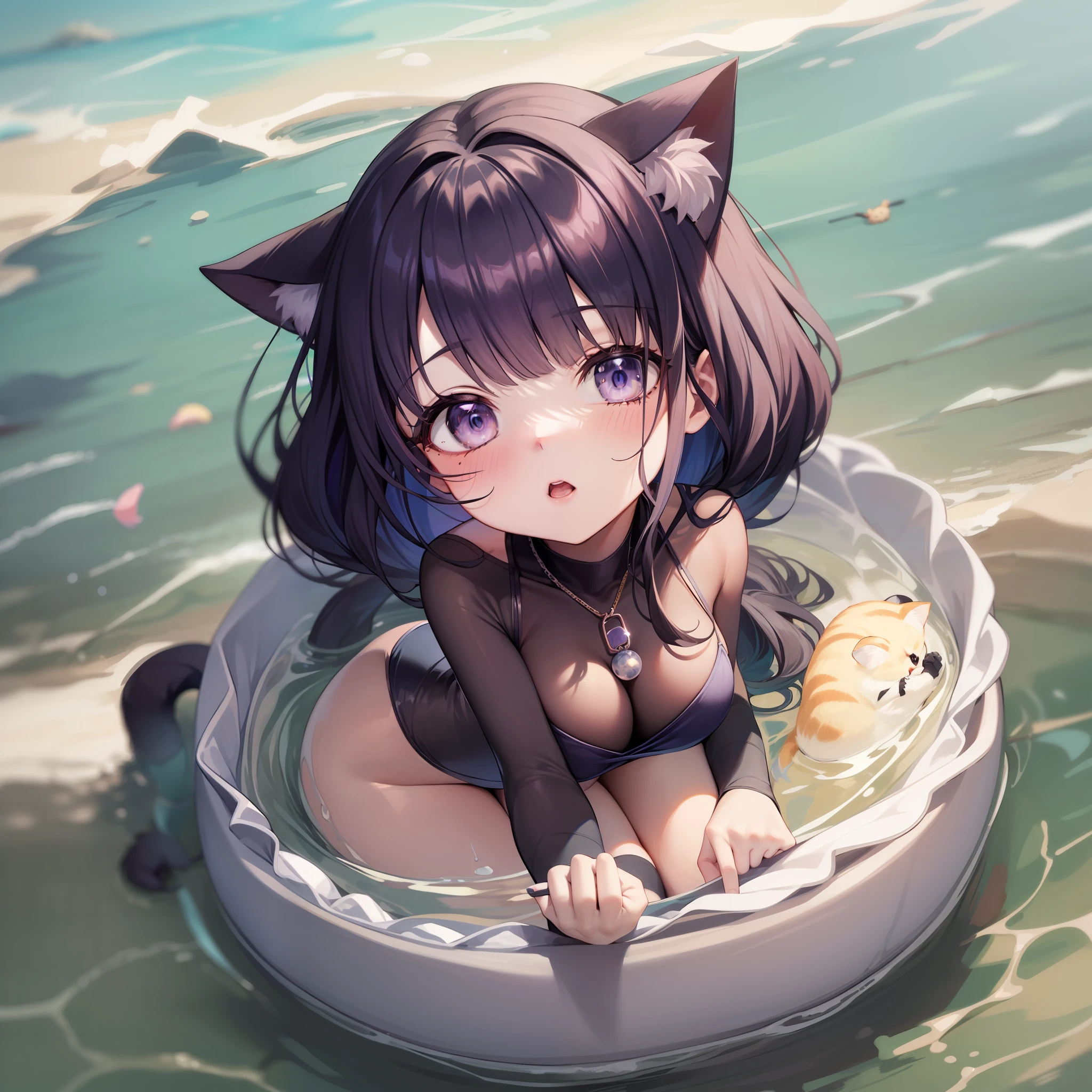 Chibi Cat Character、white backgrounid、Dark hair、kawaii、Dark hair、Swimsuit、Summer sea、2a person、