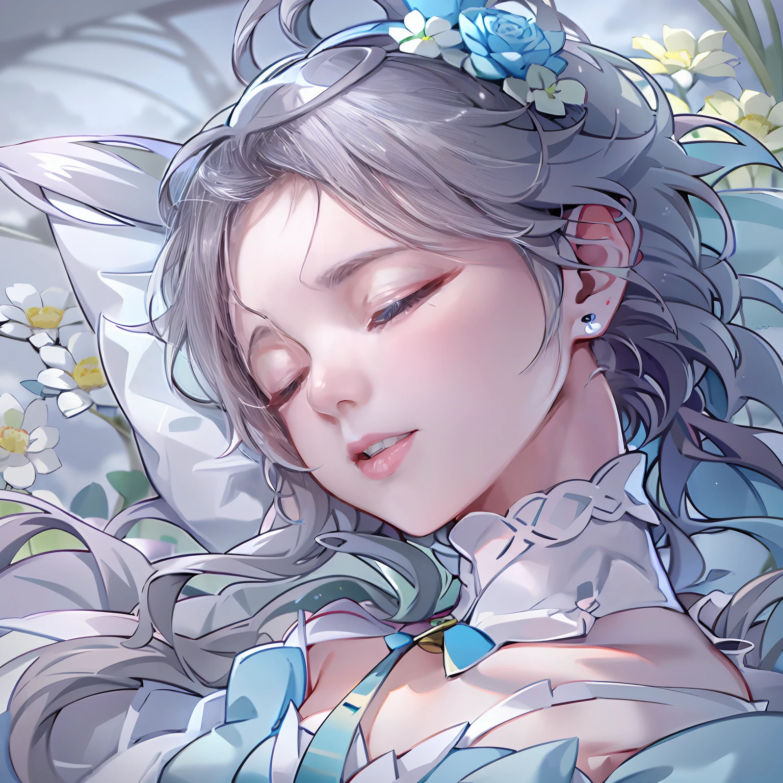 (((Masterpiece))), Best quality, Ultra-detailed, Extremely delicate, Soft and gentle scene, Sleeping girl, Close-up of pure closed eyes, Subtle tears gleamed in the corners, A flowing light blue dress，Reveal an elegant figure, Delicate curves, Subtle chest contour, a peaceful and serene atmosphere, Soothing colors, Dreamlike atmosphere.Luo Tianyi，style of anime，quadratic element