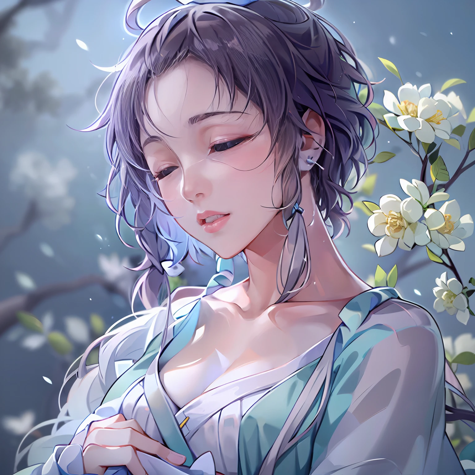 (((Masterpiece))), Best quality, Ultra-detailed, Extremely delicate, Soft and gentle scene, Sleeping girl, Close-up of pure closed eyes, Subtle tears gleamed in the corners, A flowing light blue dress，Reveal an elegant figure, Delicate curves, Subtle chest contour, a peaceful and serene atmosphere, Soothing colors, Dreamlike atmosphere.Luo Tianyi，style of anime，quadratic element