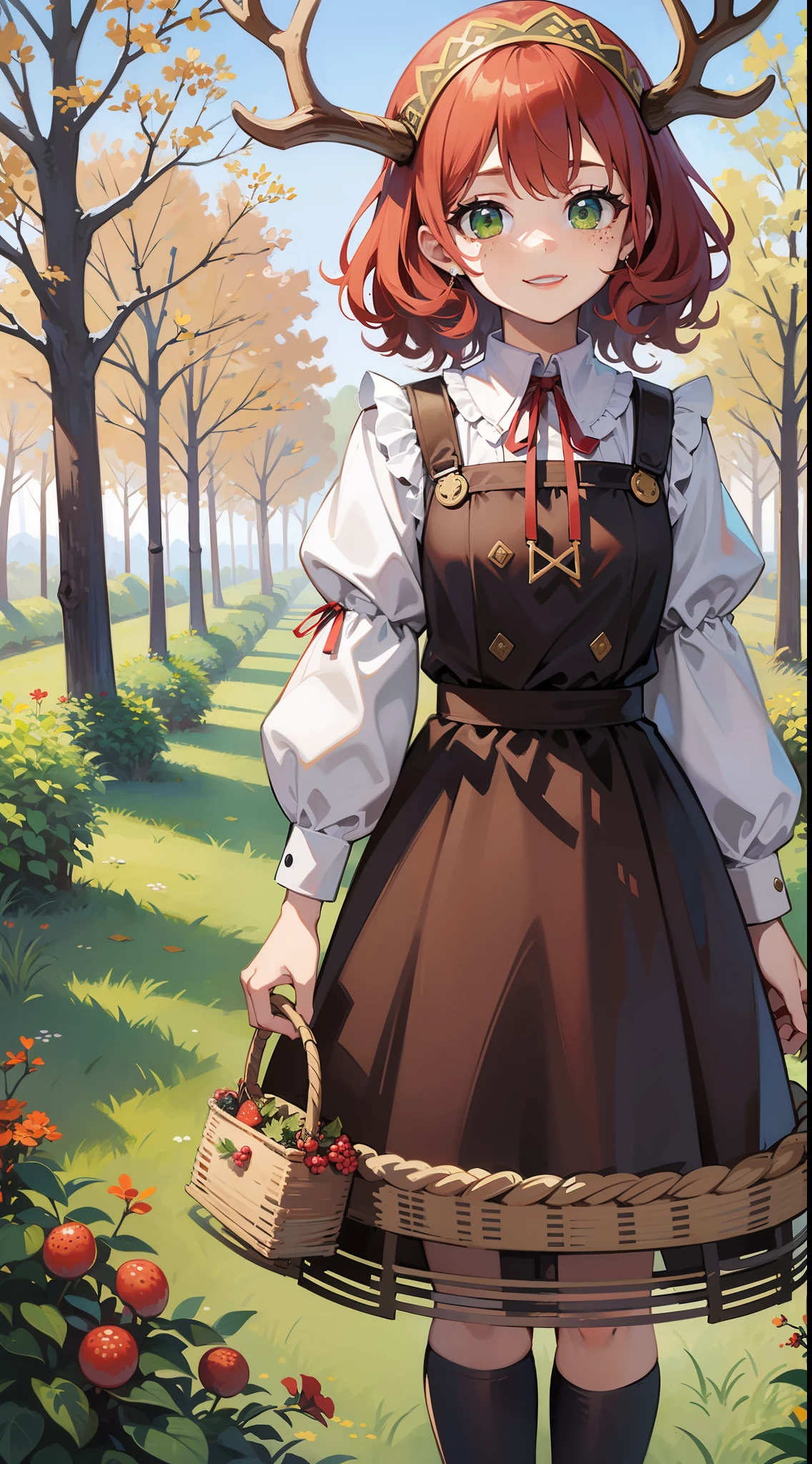 young girl, short red curly hair, Green eyes, freckles, deer antlers, ssmile, Old Russian folk peasant dress, Basket of berries, Masterpiece, hiquality