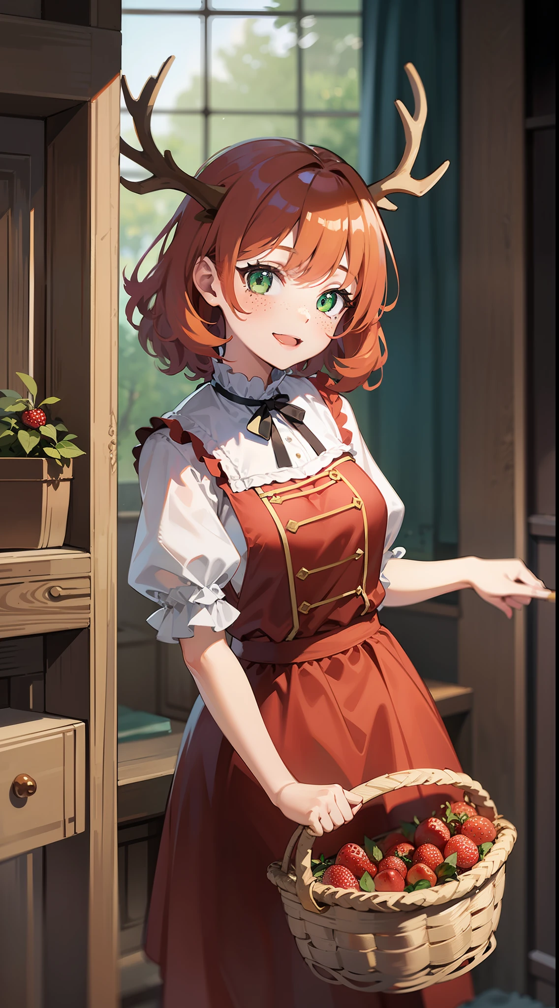 young girl, short red curly hair, Green eyes, freckles, deer antlers, ssmile, Old Russian folk peasant dress, Basket of berries, Masterpiece, hiquality