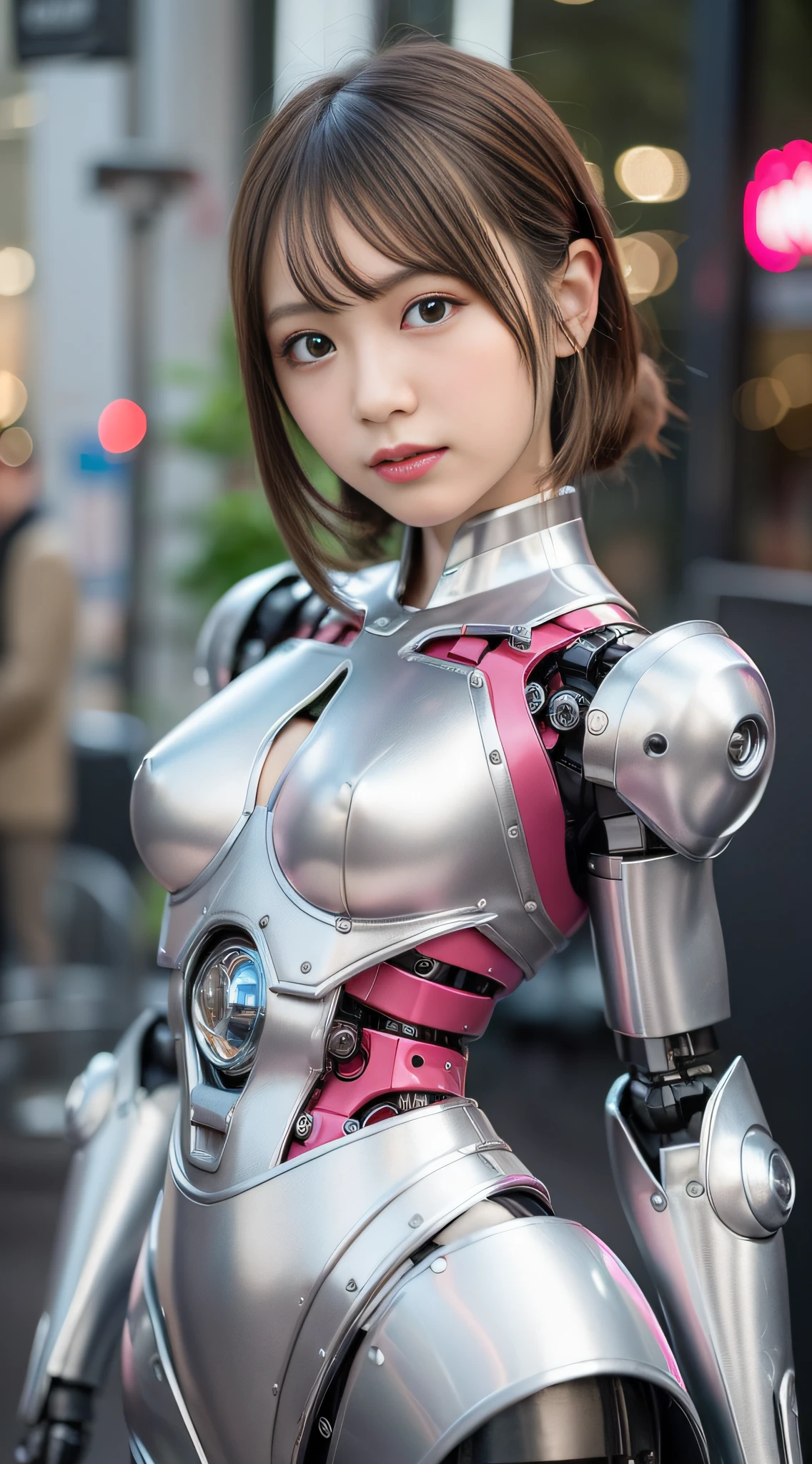 (Photorealsitic:1.4)、Onegirl、(top-quality),(hyperdetailed face)、(Super well-formed face)、((Robot Parts))、(Cyborg girl)、(pink there)、(Burgundy)、(metalic)、(fullllbody)、(Moe Pose)、(「Heart mark in hand」Pose of)、(Slender body)、(tits out)、(Model body type)、(mecha exposure)、(akihabara)、(is looking at the camera)、(A dark-haired)、(9Head and body)、(a small face)、(Idol)、(front facing)、(is standing)、(Photo session)、(Looks sad)、(Cyborg girl in silver satin dress)、(sleeve less)、(a miniskirt)