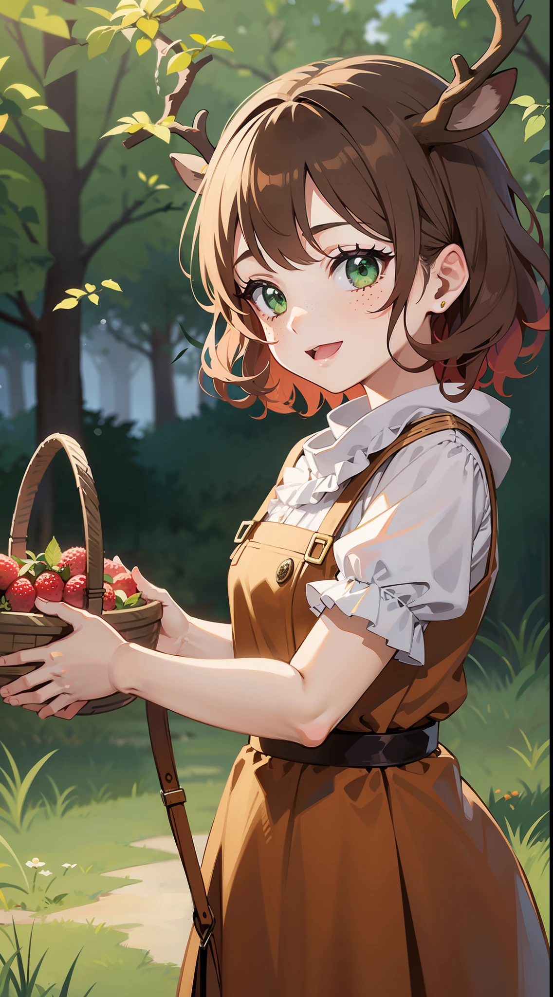 young girl, short red curly hair, Green eyes, freckles, deer antlers, ssmile, Old Russian folk peasant dress, Basket of berries, Masterpiece, hiquality