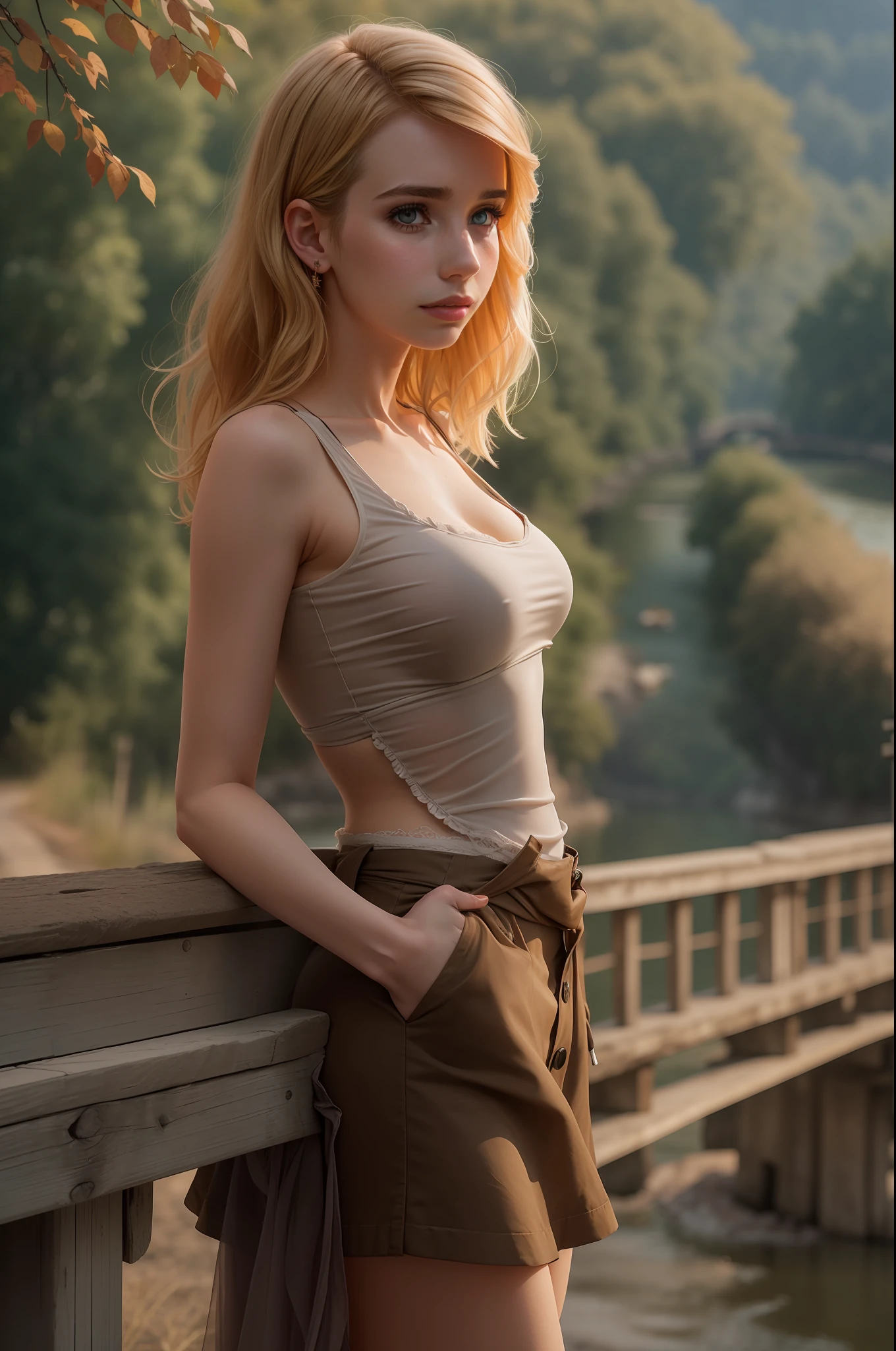 ((Emma Roberts stands on an old bridge over a river)),
((she has round breasts)),
(kleiner Kopf), ((detailliertes Gesicht)),
weiches filmisches Licht, ((((Kino-Look)))), (fotorealistisch), (Raytracing), (scharfer Fokus), ((natural realistic skin texture)),
detailliertes Gesicht, detaillierte Lippen, detaillierte Augen, doppeltes Augenlid