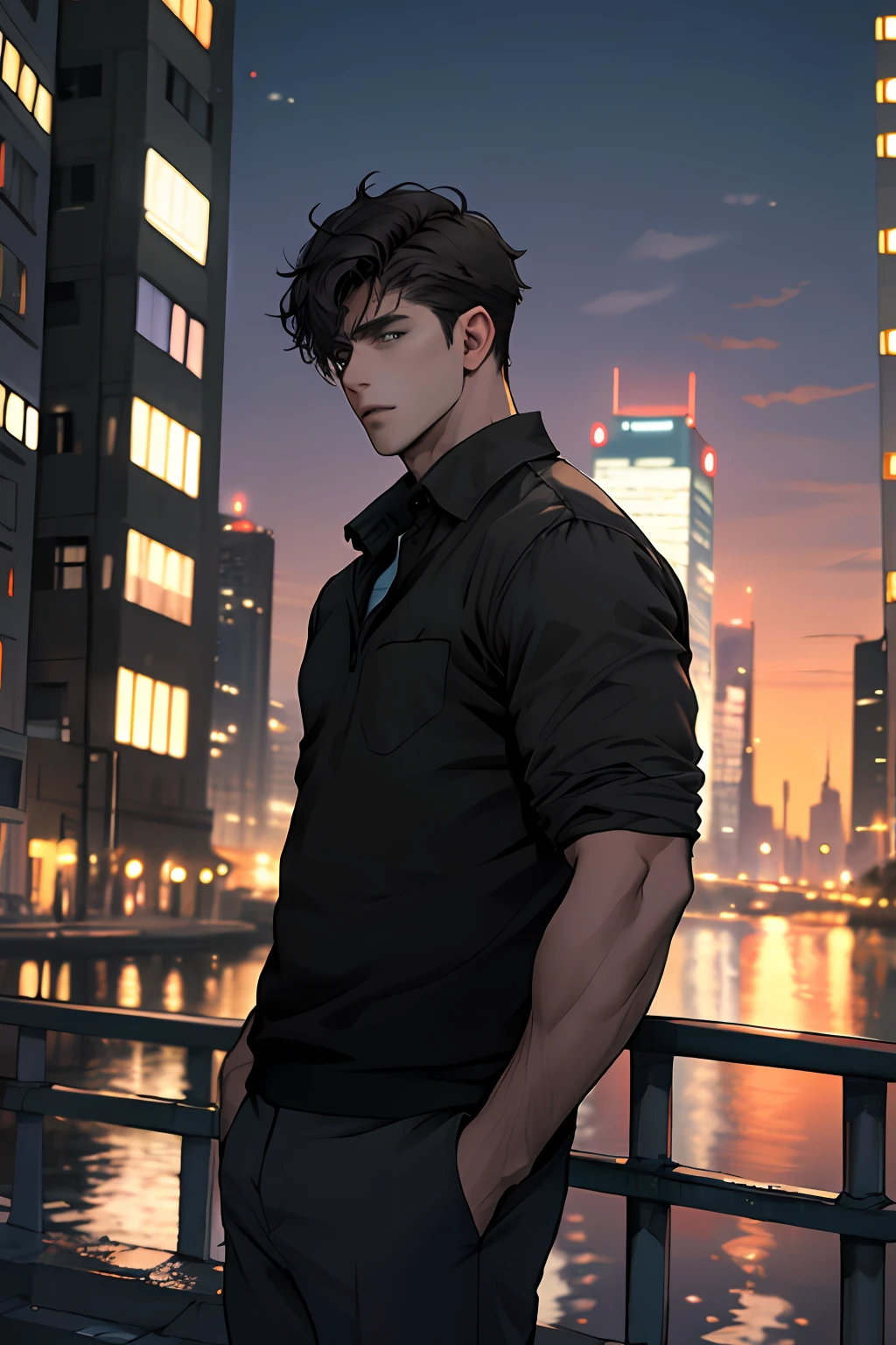 1man,masterpiece,best quality, ultra high res, dusk,cityscape,depth of field, short black messy hair, solo male