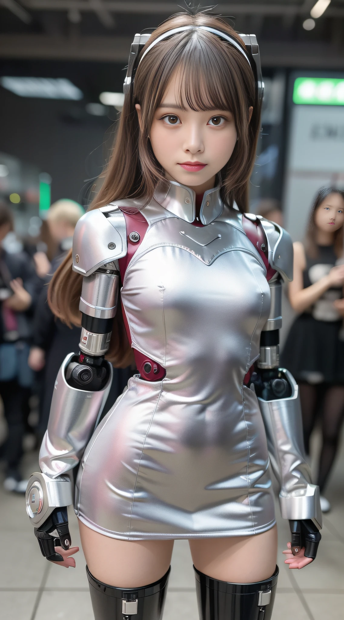 (Photorealsitic:1.4)、Onegirl、(top-quality),(hyperdetailed face)、(Super well-formed face)、((Robot Parts))、(Cyborg girl)、(pink there)、(Burgundy)、(metalic)、(fullllbody)、(Moe Pose)、(「Heart mark in hand」Pose of)、(Slender body)、(tits out)、(Model body type)、(mecha exposure)、(akihabara)、(is looking at the camera)、(A dark-haired)、(9Head and body)、(a small face)、(Idol)、(front facing)、(is standing)、(Photo session)、(Looks sad)、(Cyborg girl in silver satin dress)、(sleeve less)、(a miniskirt)