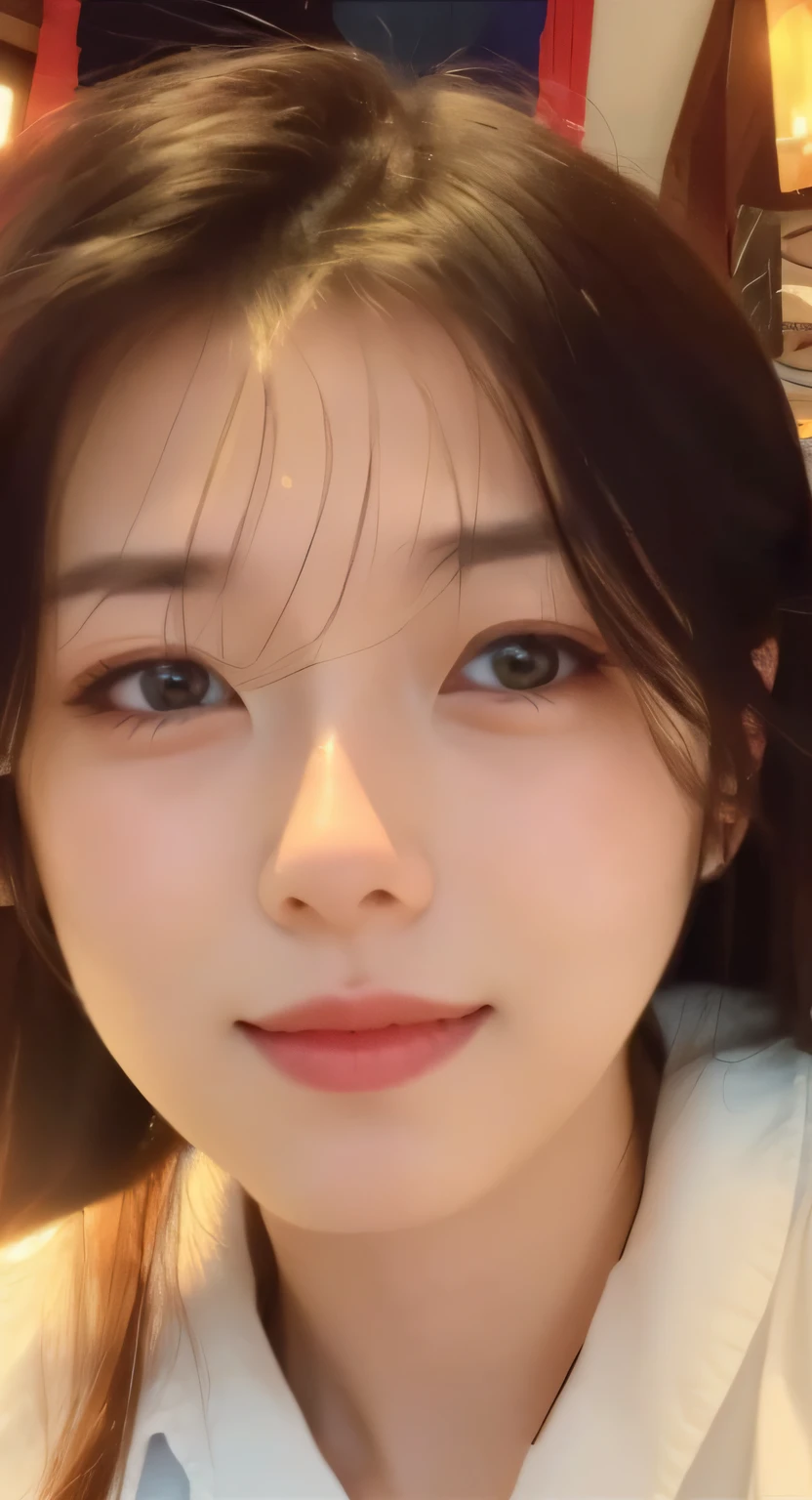 (8k, Raw-Photo, Top  Quality, ​masterpiece:1.2), (Photorealistic, Photorealistic: 1.37), A highly detailed, 1 Girl, cute little, Solo, Beautiful detailed skies, Detailed café, natta, Sits, dating, (nose blush),(Laughter:1.1),(closing mouth), Medium Tits, Beautiful detailed eyes,(Collared Shirts:1.1),  pleated skirt,(long  hair:1.2),Floating head, one-piece,