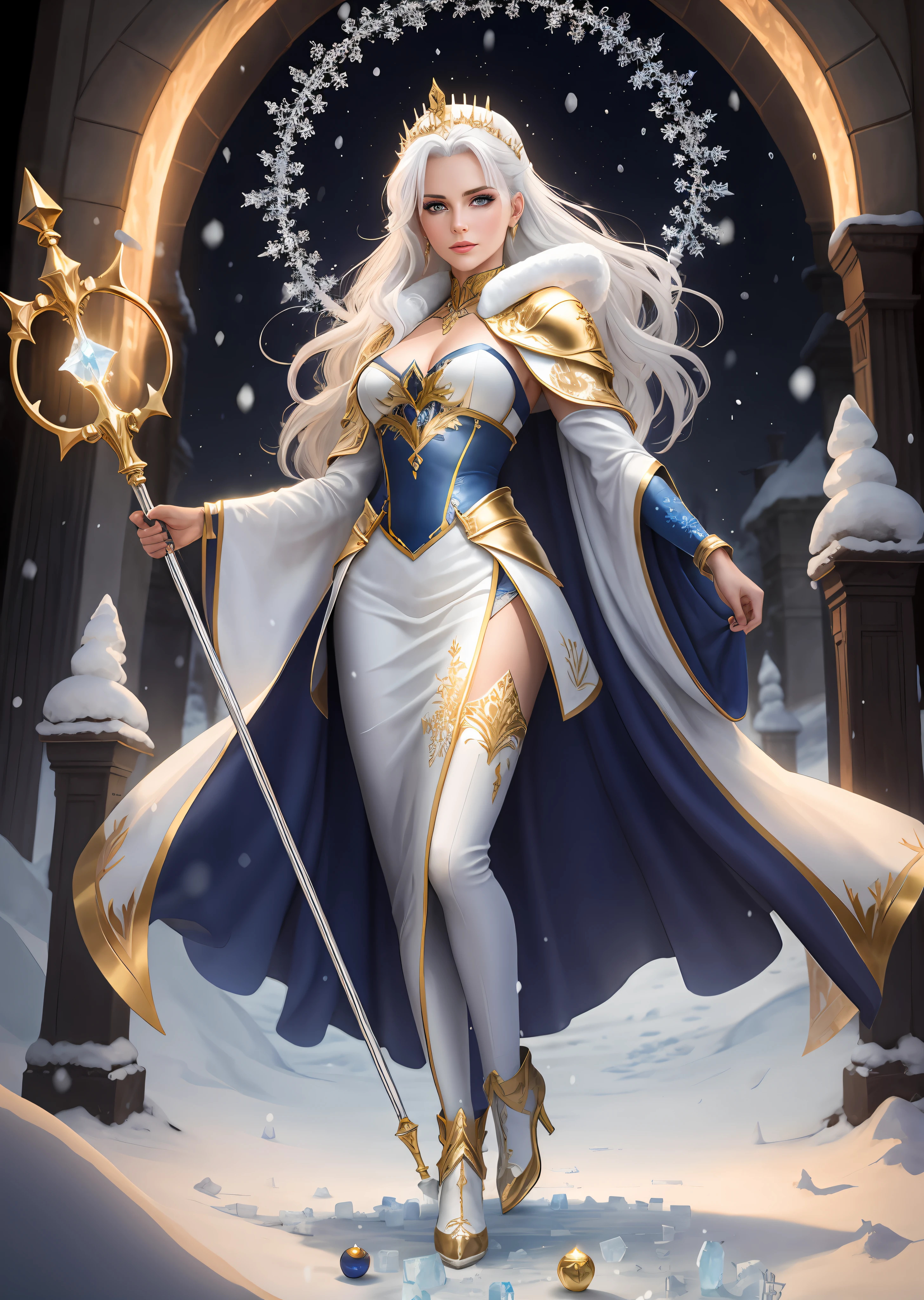 Fantasy setting of the ice palace with gold inserts, Clear Focus, High quality photo of beautiful scandinavian mature woman, magician, wielding ice magic, dressed in white robes with a gold pattern, Loose silver hair with glitter, Confident cold look of blue perfect eyes, rise ((Magic Ice Staff )), glowing snowflakes, Flying around, Ornaments, A detailed eye, low levels of body fat, 电影灯光, Detailed, (Matching eyes: 1,2), full body photography, epic pose, Background of the Snow Palace, ультрареалистичный 12k, by Greg Rutkowsky, with the face of Cheryl from "Myths of the Moonrise"