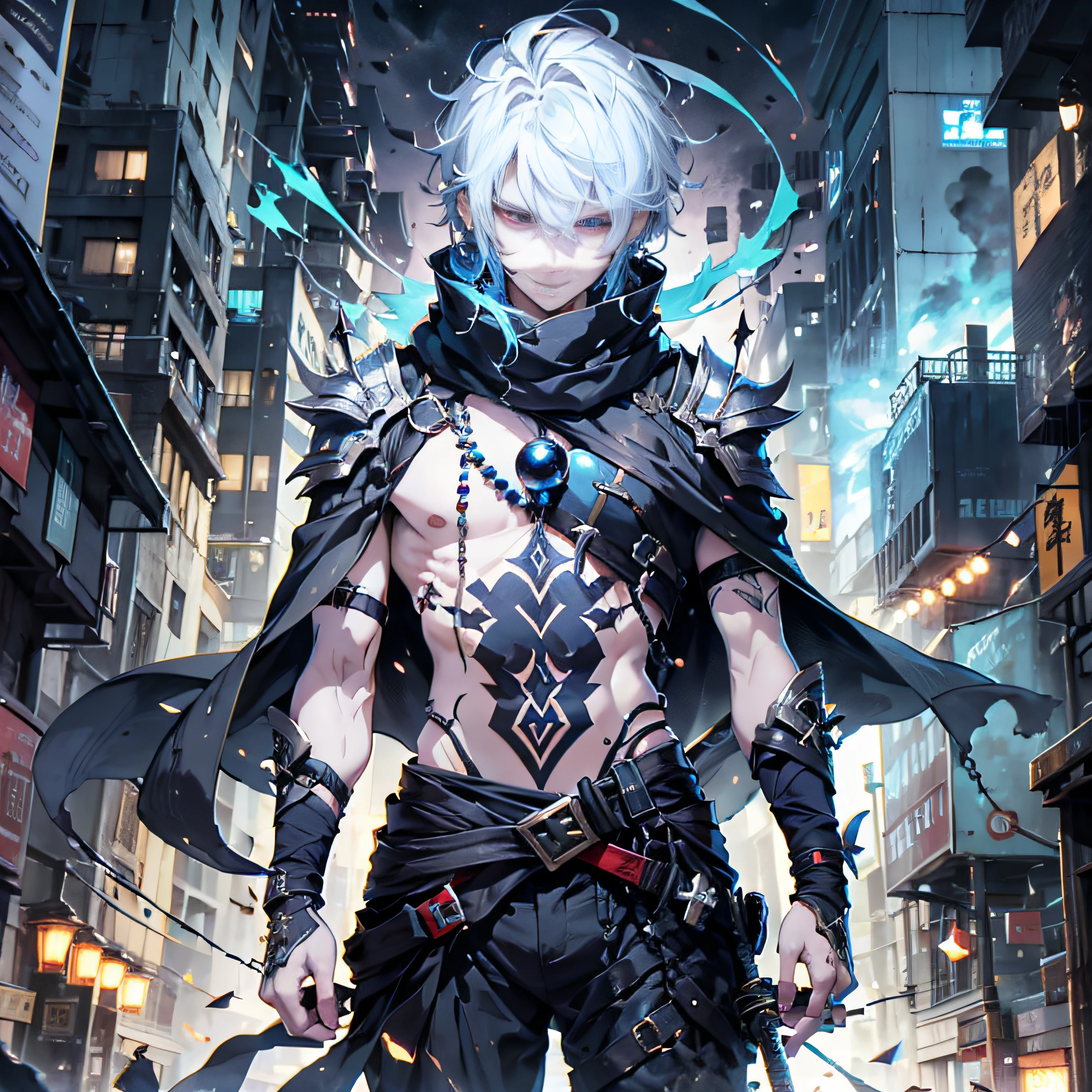 Holding a blue bead in his hand，Holding a blue bead in his hand，Extend your palms forward（absurderes，High- sharpness，ultra - detailed）， tmasterpiece， best qualtiy， 独奏， A boy with long white hair， red white robe， Handsome， Fine Eye， Fine Eye， finely eyes， Bright red eyes， 详细的脸， Black scarf， bared  chest， carry two swords， dual swords， Tattooed with， from below， looking down below， Ruined city， background inside dark， swirles， spark of light，Holding a blue bead in his hand