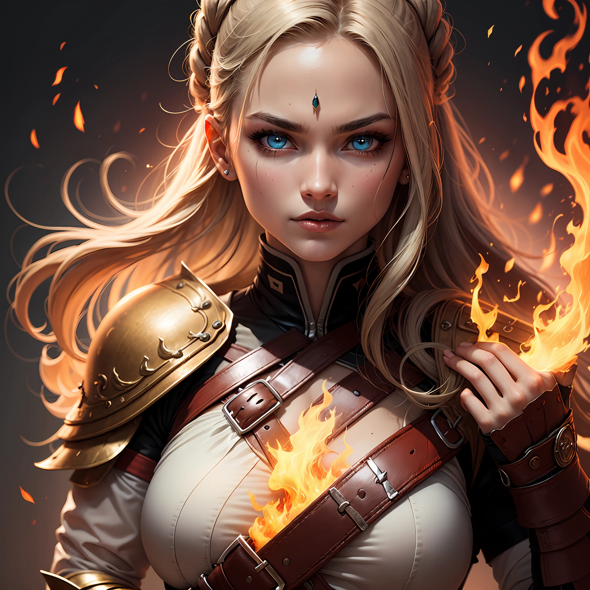 female warrior with fire eyes, close up --auto