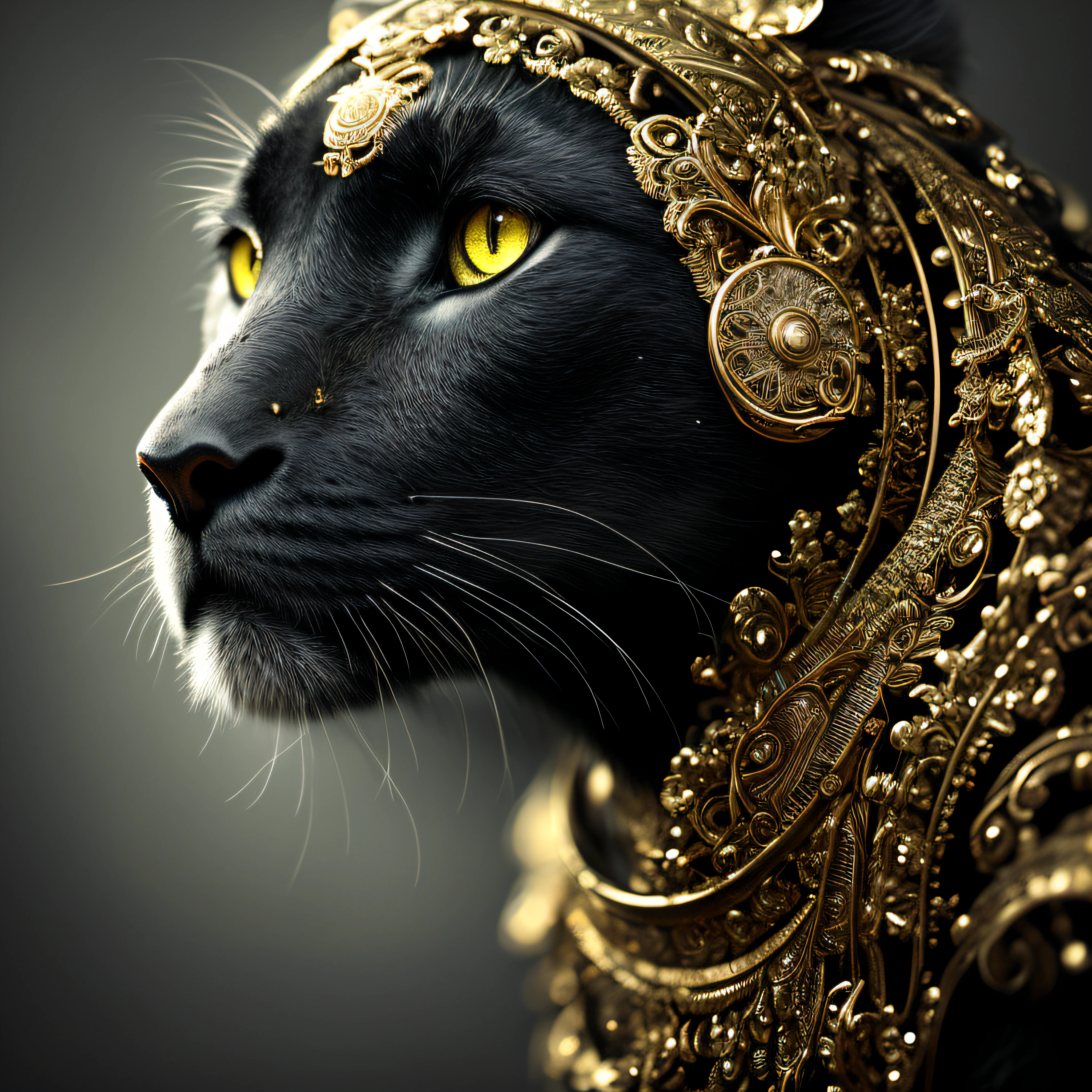 (Masterpiece)An insanely detailed photo of A black beauty with gold eyes, in the style of bio-art, raw metallicity, black and white mastery, gold african influence, pure color, close-up, woman,  stock photo, masterpiece, best quality, high quality, extremely detailed cg unity 8k wallpaper, scenery, award winning photography, hdr, trending on artstation, trending on cgsociety, intricate, high detail, cinematic lighting.