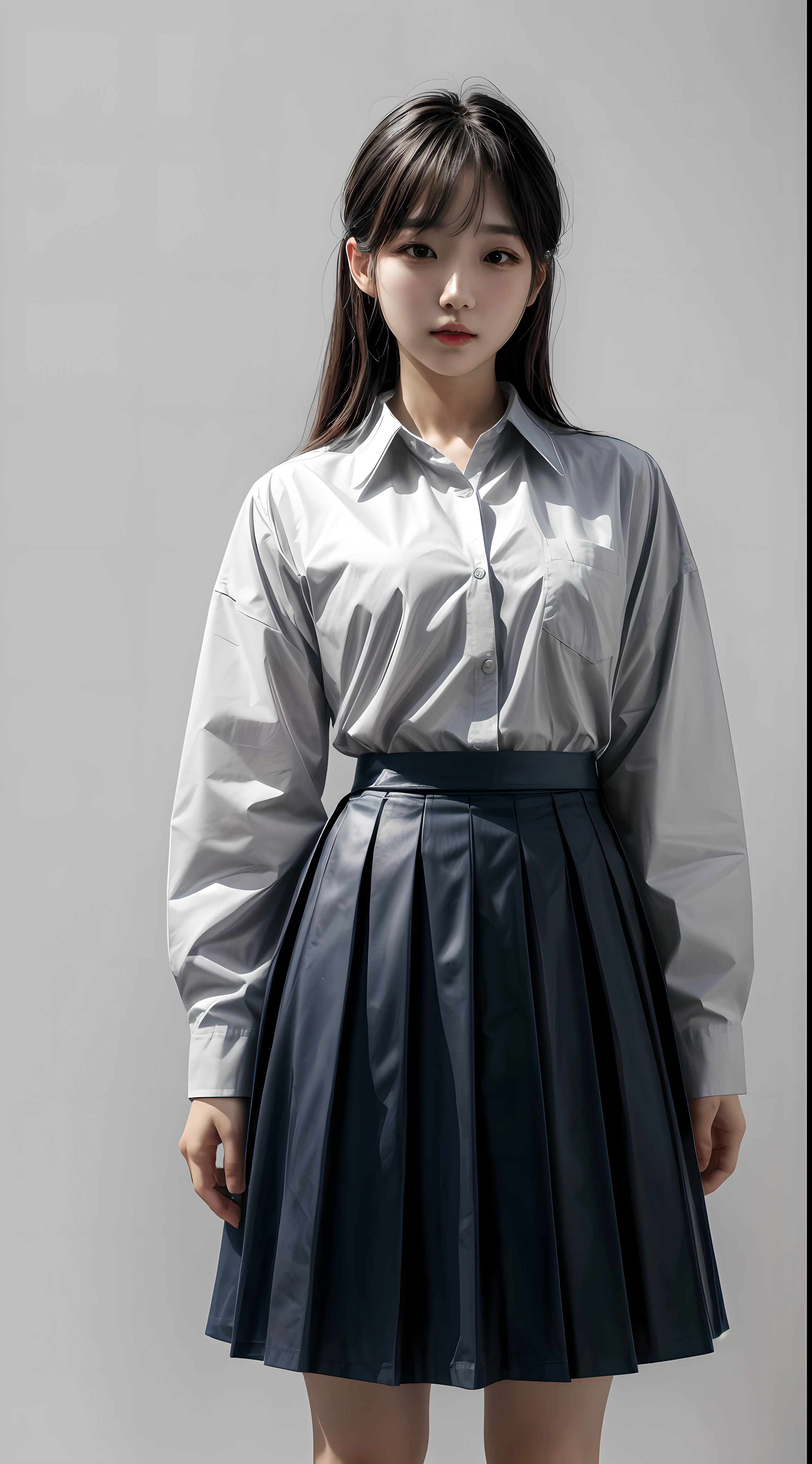 (1girl), solo, korean_race, detailed(skin, face), looking_at_viewer, wearing(shirt, skirt), photo(medium), standing, (straight-on:1.25), background(simple_background), (photorealistic, absurdres, best quality),