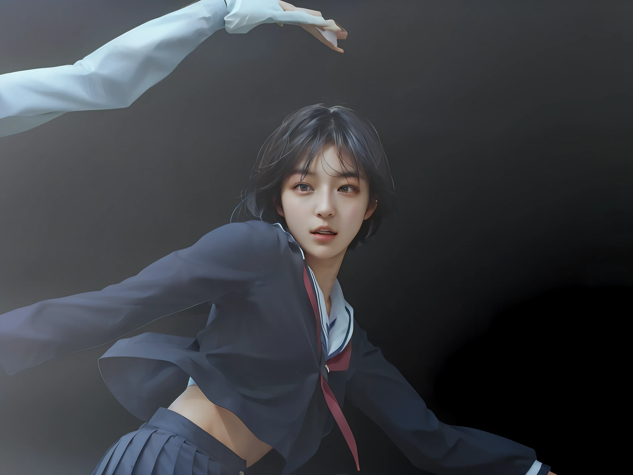 (8k, highest quality, masterpiece: 1.2), (realistic, photorealistic: 1.37), ultra detail, highest quality, ultra high resolution, professional lighting, photon mapping, radiosity, physically based rendering, cinematic lighting, depth of field, focusing, moonlight, good composition, (bokeh: 1.2), 1 girl, (full body), (closed mouth), beautiful eyes, pose, Constriction, High School Girl Uniform, Black Hair, Unkempt Hair, Short Hair Fluttering in the Wind, (ulzzang-6500:1.2) mix4, hiqcgbody