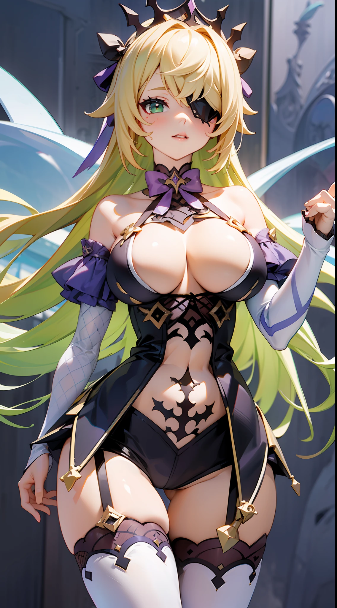 fischl(Genshin Impact),Ocean park,Premium comic titles,Expose abs,Slim figure,cropped shoulders,huge tit,White dress at the bottom,Mesh garment,Fleshy thighs,Below the waist are mesh stockings,Masterpiece,hyper-detailed face,Deep rendering