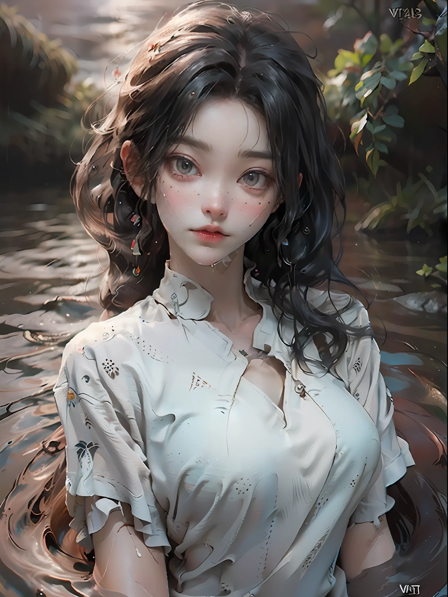 (tall woman with slim figure), (she sits in shallow water in rainy weather), ((dark red very long hair)), (small head), ((detailed realistic face and eyes)), cinematic lighting, 8K resolution, ((white sheath dress)), ((very wet shirt)), ((wet hair)), ((cameltoe)), ((natural skin)), ((many freckles)), (natural skin texture)