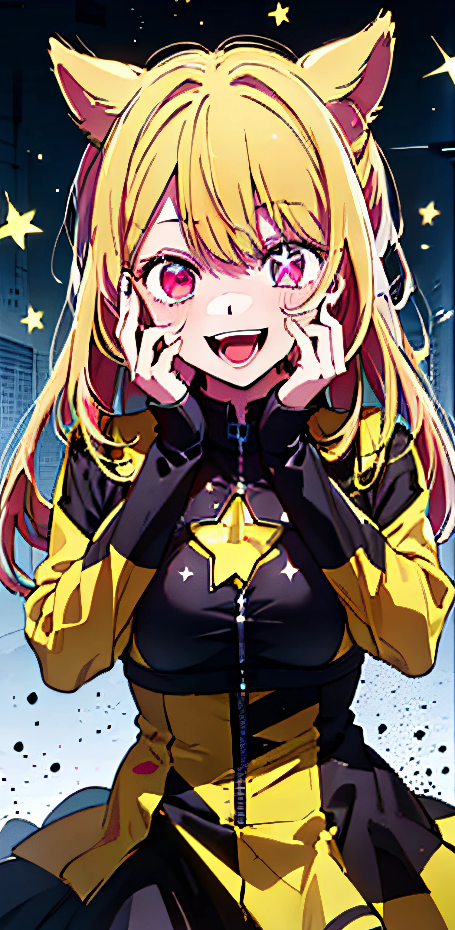 original character , 1girl, (crazy smile:1.2) , blonde hair , bangs , crazy eyes , hands on face , yellow blood splatter on face , yellow and black color scheme, open mouth, (wide-eyed:1.2), glowing eyes, left star shaped eye, star shaped eye, pink eyes, pink eyes