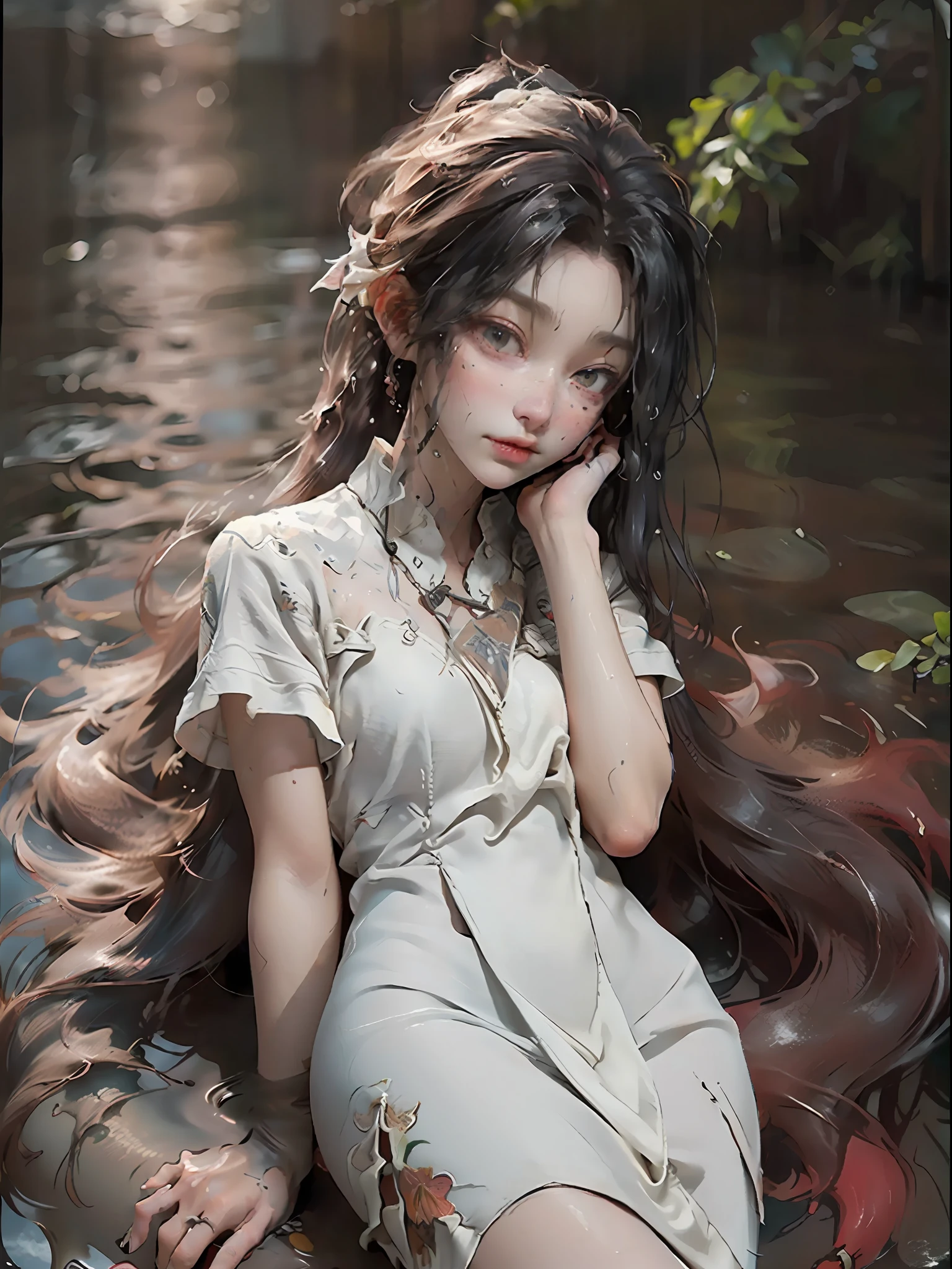 (tall woman with slim figure), (she sits in shallow water in rainy weather), ((dark red very long hair)), (small head), ((detailed realistic face and eyes)), cinematic lighting, 8K resolution, ((white sheath dress)), ((very wet shirt)), ((wet hair)), ((cameltoe)), ((natural skin)), ((many freckles)), (natural skin texture)