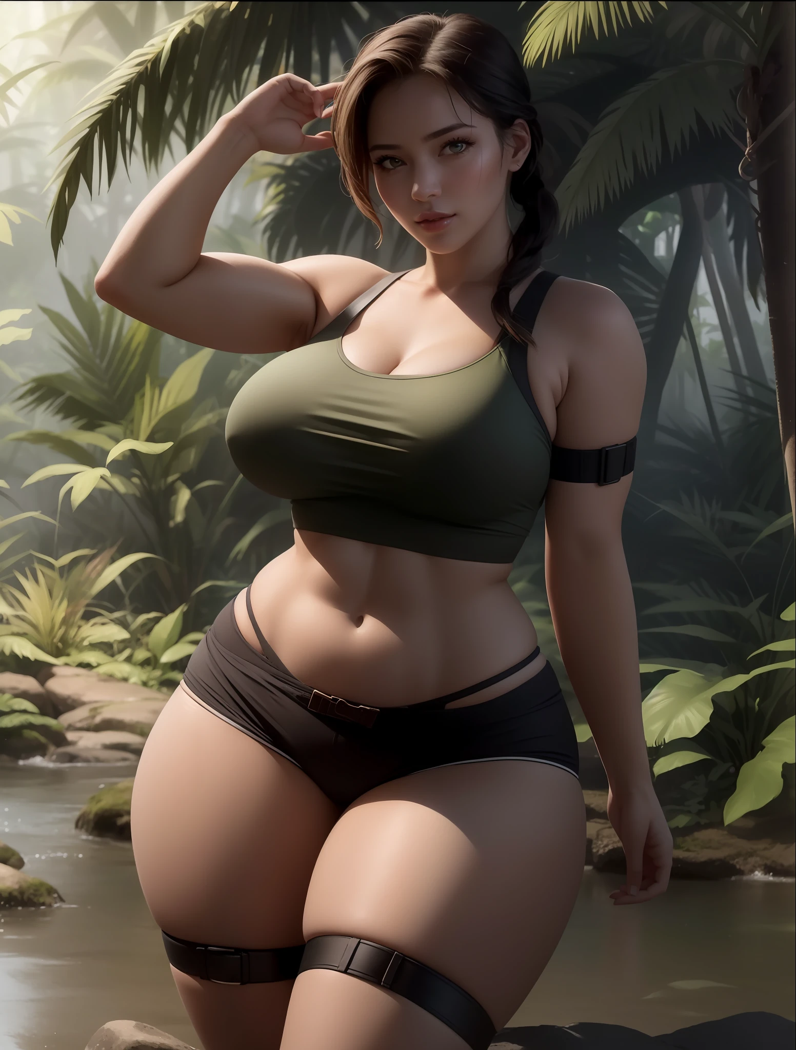 Close up portrait of woman in bikini posing in jungle, muscular sweat lara croft, Chic, Thick jungle, thick body, gorgeous jungle ranger, in jungle, thicc build, in the  jungle, beautiful thick female, character is in her natural pose, Photorealistic perfect body, lara croft relaxing, perfectly shaded body, in a jungle environment, lara croft relaxing