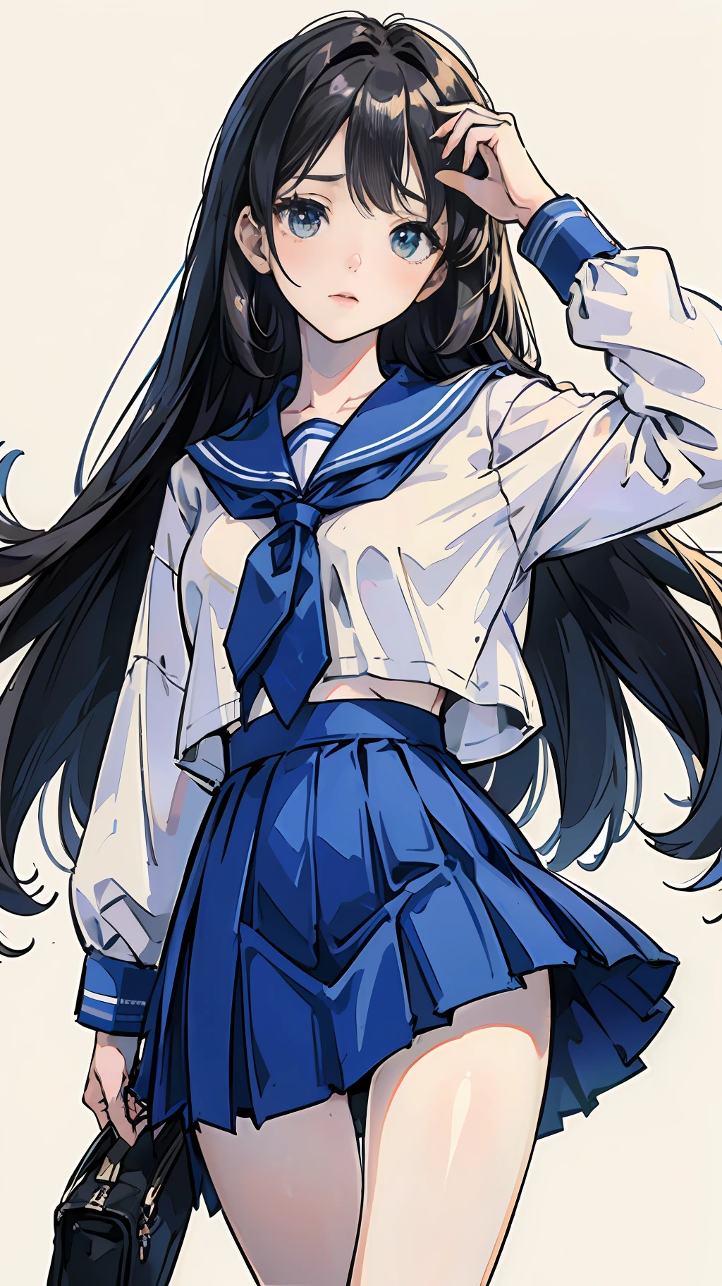 schoolgirls,White-colored skin,blue long hair,White color blouse,Blue JK skirt with tie --auto