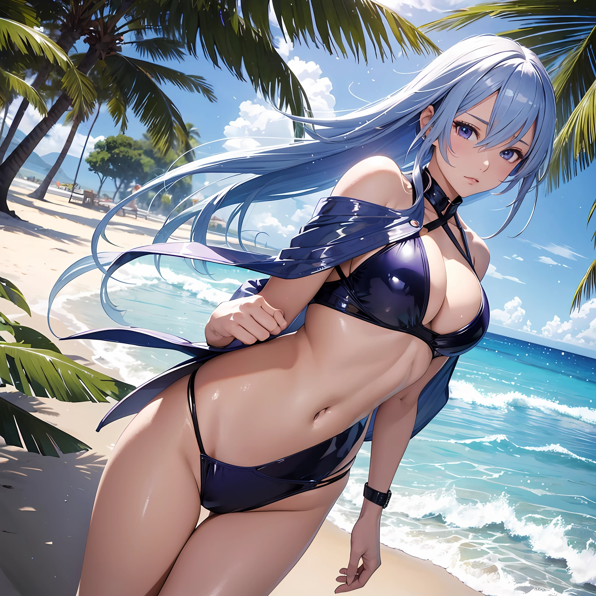 Genshin Raiden General,Swimsuit bikini,Glossy glossy skin,Bigchest,On the beach by the sea,best qualtiy,tmasterpiece