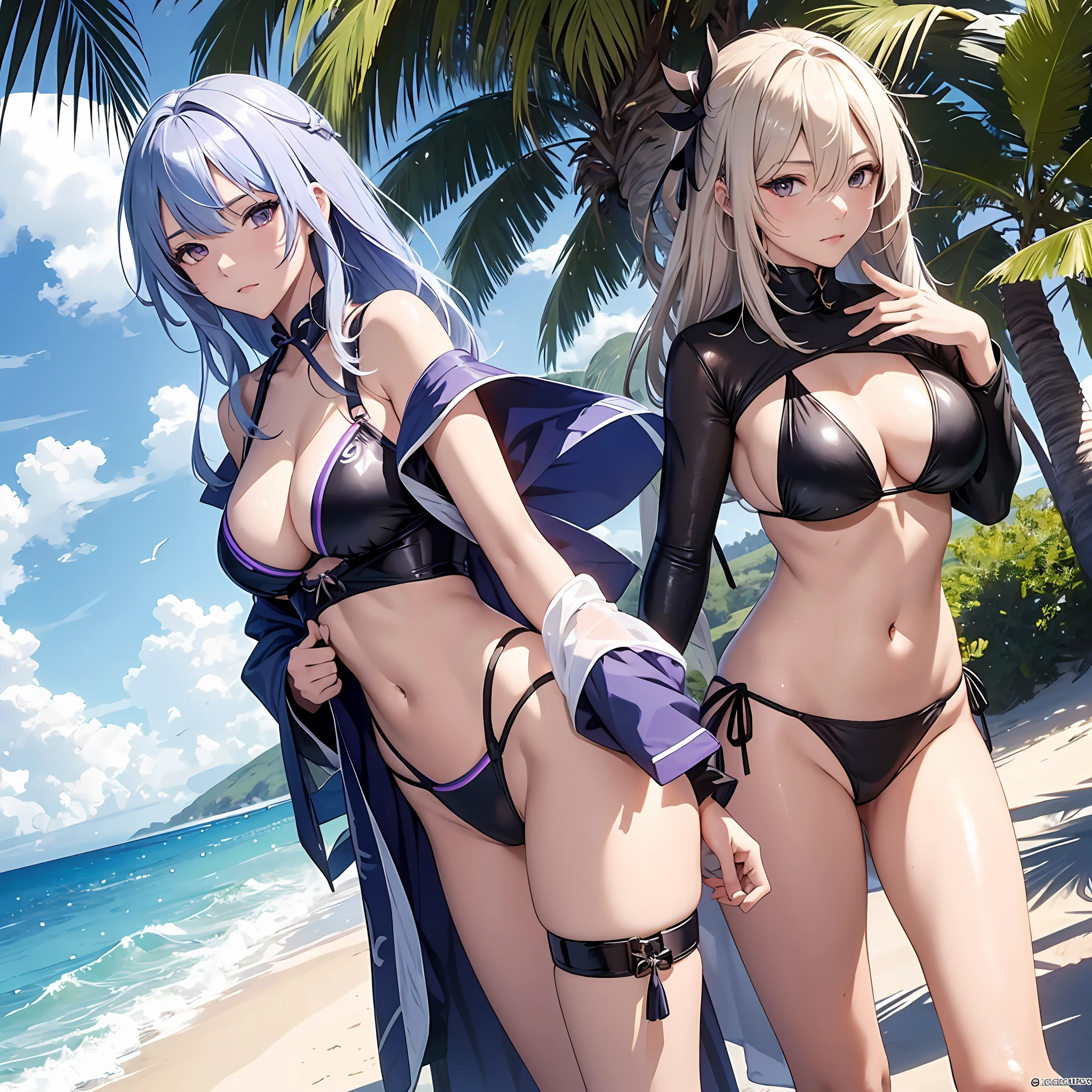 Genshin Raiden General,Swimsuit bikini,Glossy glossy skin,Bigchest,On the beach by the sea,best qualtiy,tmasterpiece