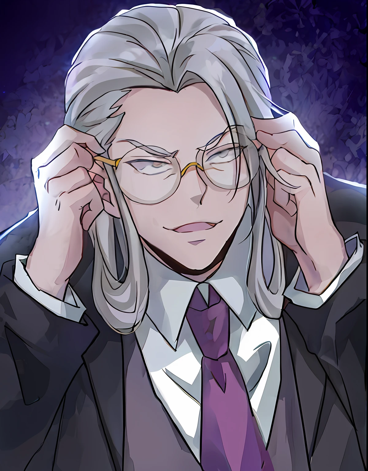 An anime image of a man wearing a suit and tie wearing glasses, xqc, joe biden as an anime villain, silver glasses, portrait of professor sinister, johan liebert mixed with alucard, ace attorney style, anime joe biden, nagito komaeda, digital art from danganronpa, he has dark grey hairs, phoenix wright