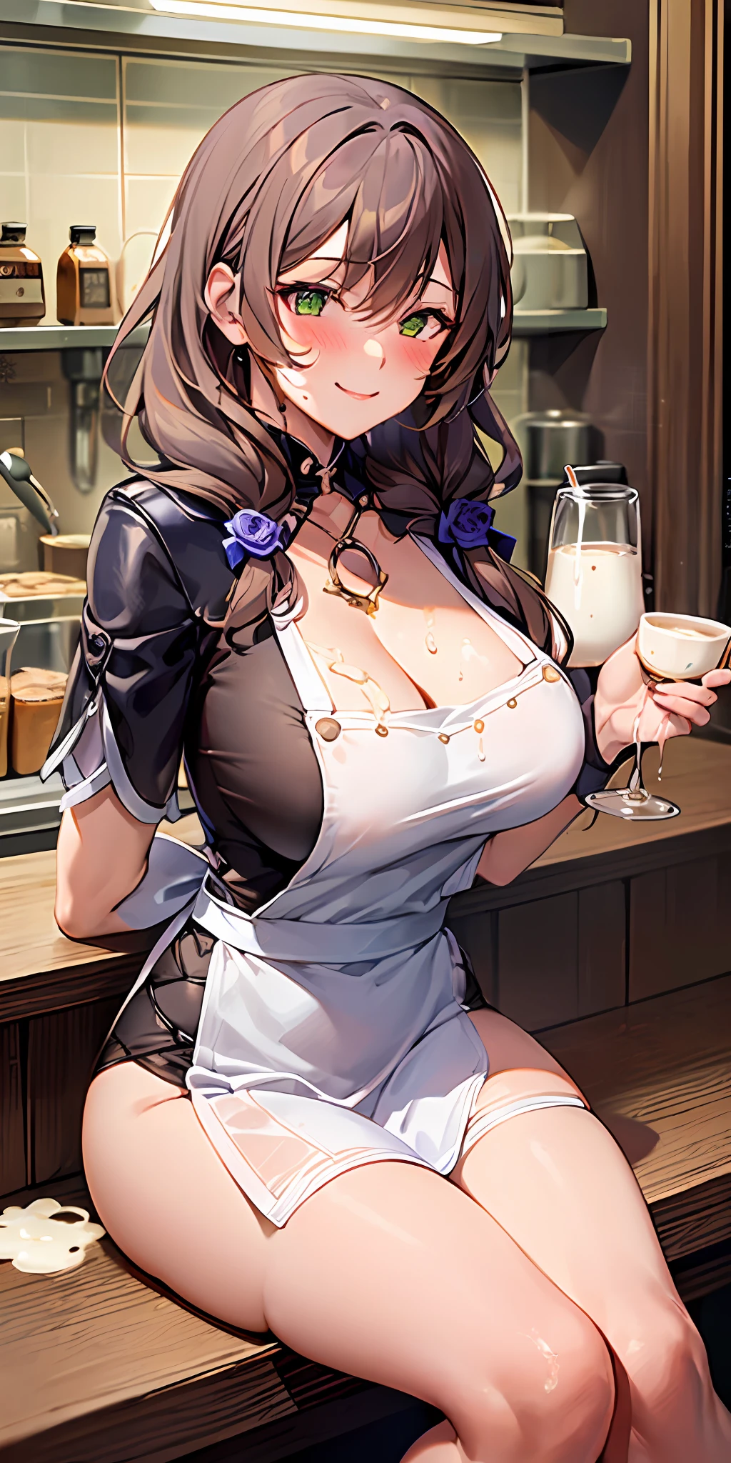 1girll, Solo, (Naked:1.1), (aprons), Large breasts, Thighs, Cafe background, Smiling, (Blushing:1.3), (milk drip on breasts:1.3), Leaning forward, angle of view
