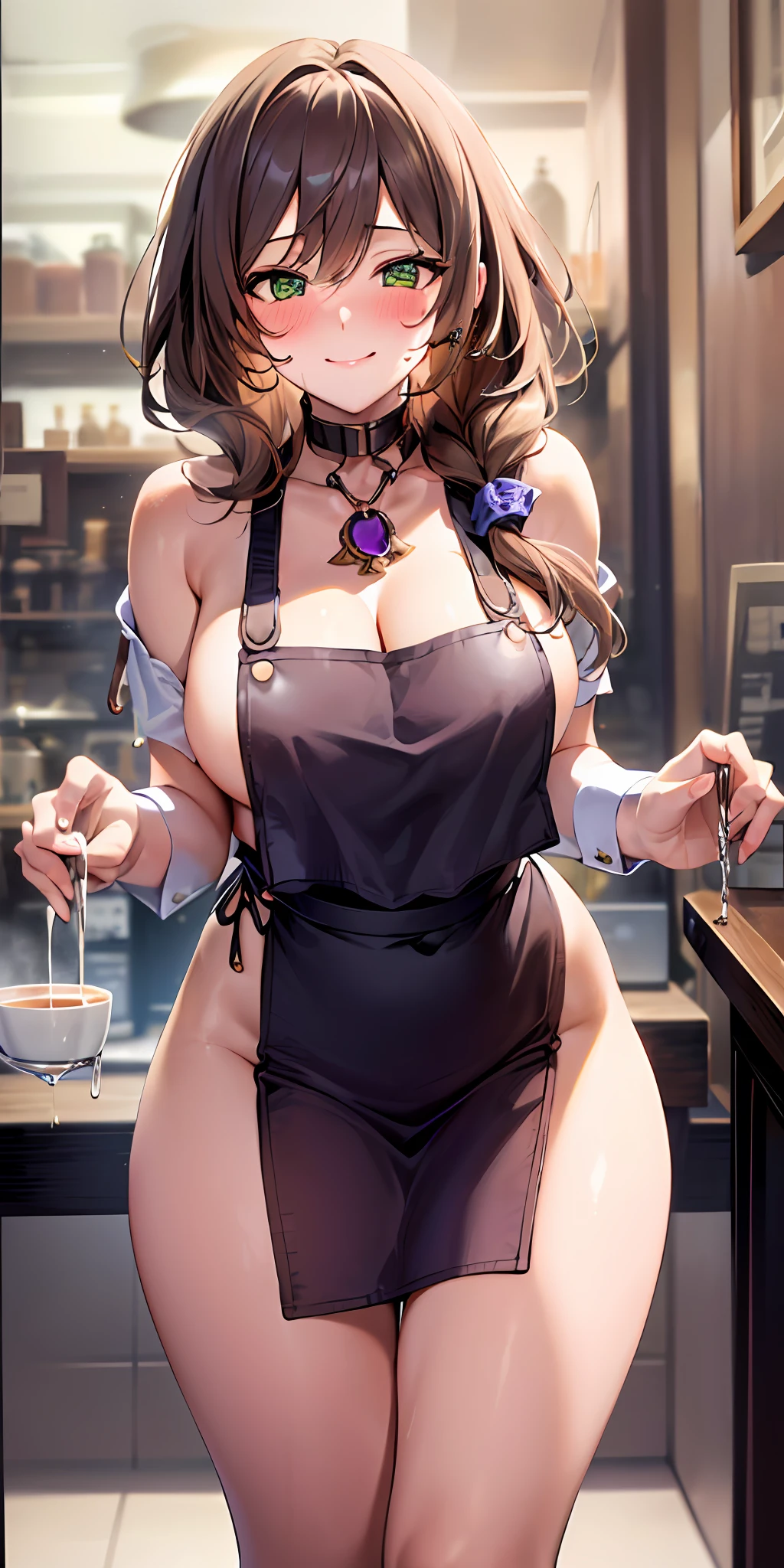 1girll, Solo, (Naked:1.1), (aprons), Large breasts, Thighs, Cafe background, Smiling, (Blushing:1.3), (milk drip on breasts:1.3), Leaning forward, angle of view