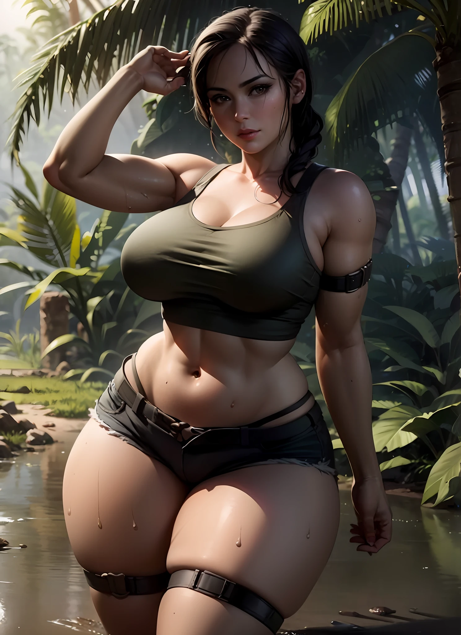 Woman in bikini top and shorts standing in river, muscular sweat lara croft, gorgeous jungle ranger, Chic, Thick jungle, thick body, in jungle, lara croft relaxing, thicc build, in the  jungle, Photorealistic perfect body, lara croft relaxing, perfectly shaded body, Tomb Raider Beautiful, Sexy hot body, adventure hyper realistic render, Sexy body