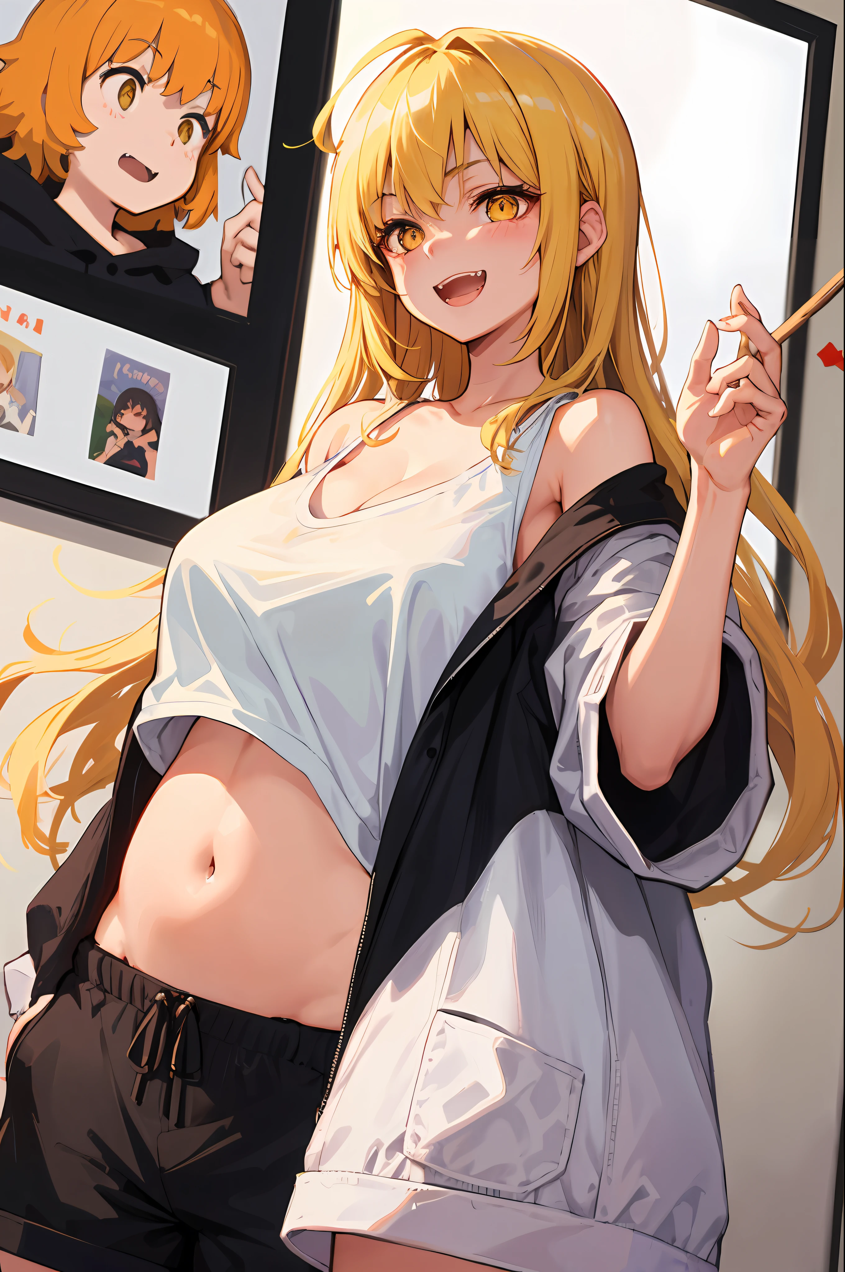 Original Characters、Volume Lighting、Best Shadows、Shallow depth of field、A transcendent beautiful girl who is a little hurt、Delicate beautiful attractive face with petite and seductive yellow eyes、Messily painted face、huge smile、open open mouth、Stick out your fangs、Beautiful medium milk、overlapped long twin-tailed blonde with chest slightly protruding from below,、Blush Eyeshadow、Dark eyelashes、Oversized Pop Jacket、Mini Underbob T-Shirt、Open belly button、Slim waist、dressing gown(Short pants)、Own room、on the bed、Shy、standingn、(top-quality、Superb Detail:1.25)、(独奏:1.3)、Brilliant Colorful Paintings