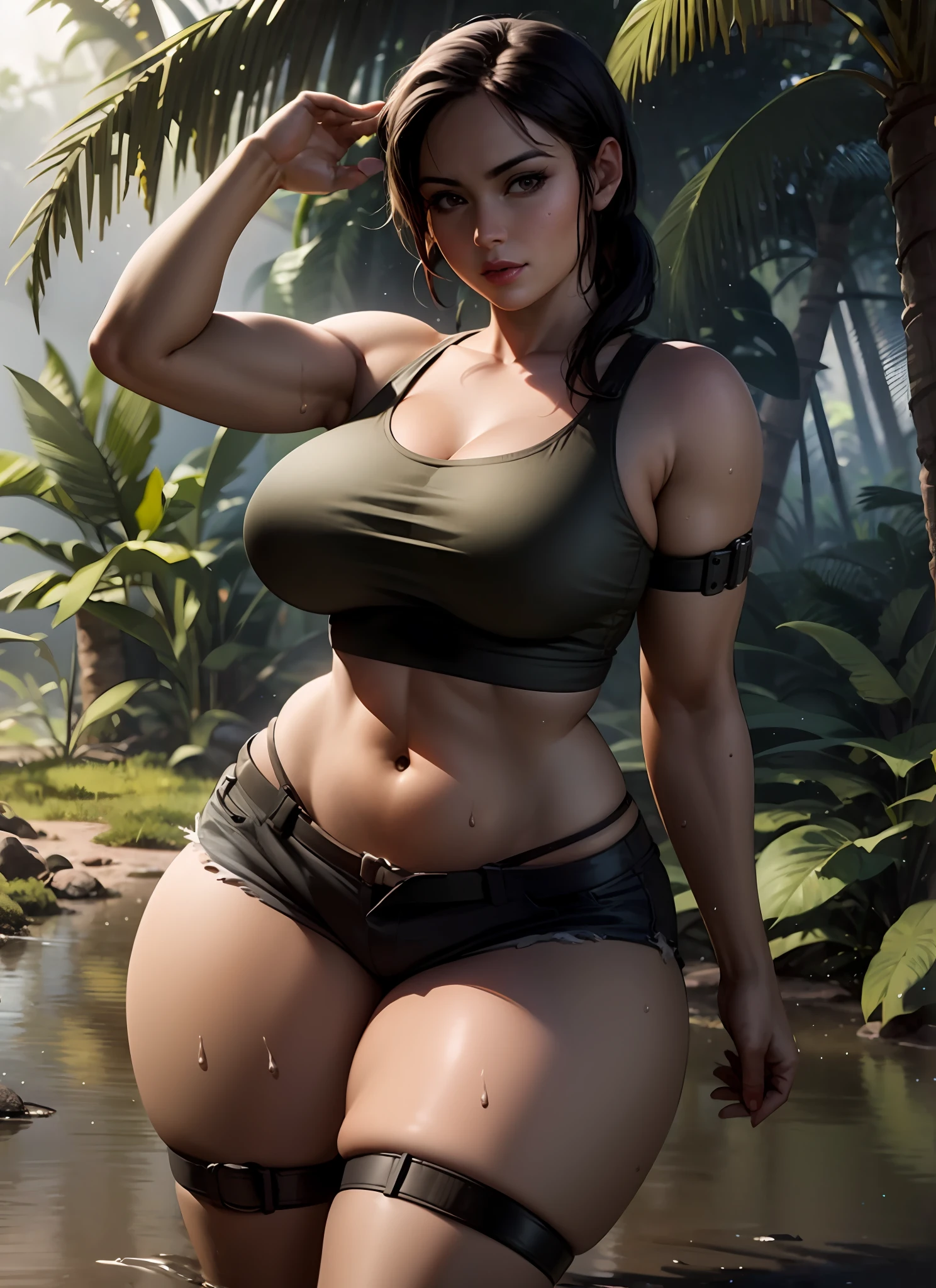 Woman in bikini top and shorts standing in river, muscular sweat lara croft, gorgeous jungle ranger, Chic, Thick jungle, thick body, in jungle, lara croft relaxing, thicc build, in the  jungle, Photorealistic perfect body, lara croft relaxing, perfectly shaded body, Tomb Raider Beautiful, Sexy hot body, adventure hyper realistic render, Sexy body