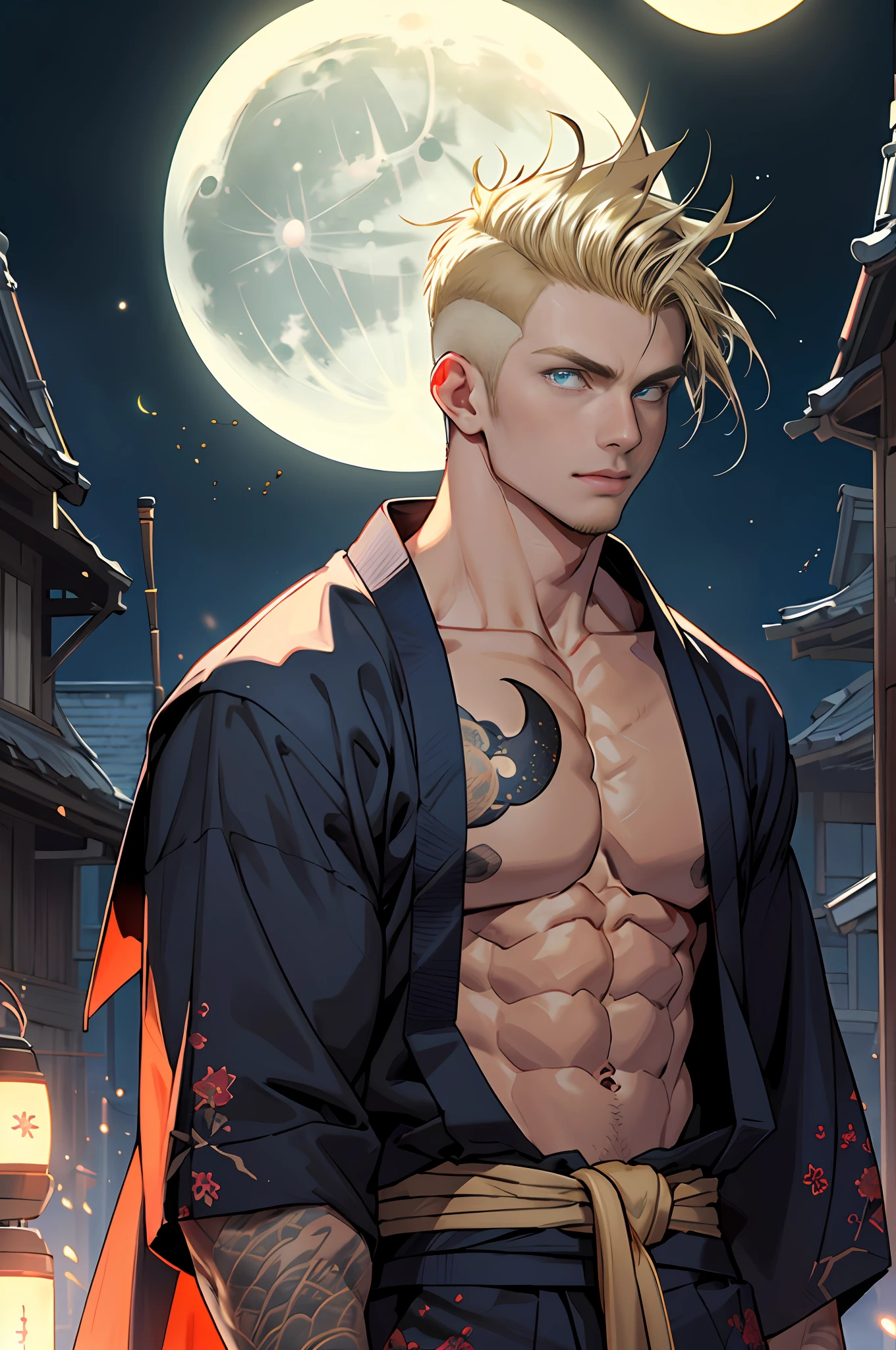 Muscular handsome guy standing in front of the night sky on an abandoned asteroid, wearing short kimono, samurai tattoos, yokai tattoos, age 19, lean full muscles, upper body only, waist up only, revealing upper body, erotic, bare muscles, muscular, tight muscles, super colorful, (blonde hair:1.8), (High and tight:1.4), (blue eyes:1.34), demon slayer magic particles, embers in the night, (no moon:1.8)