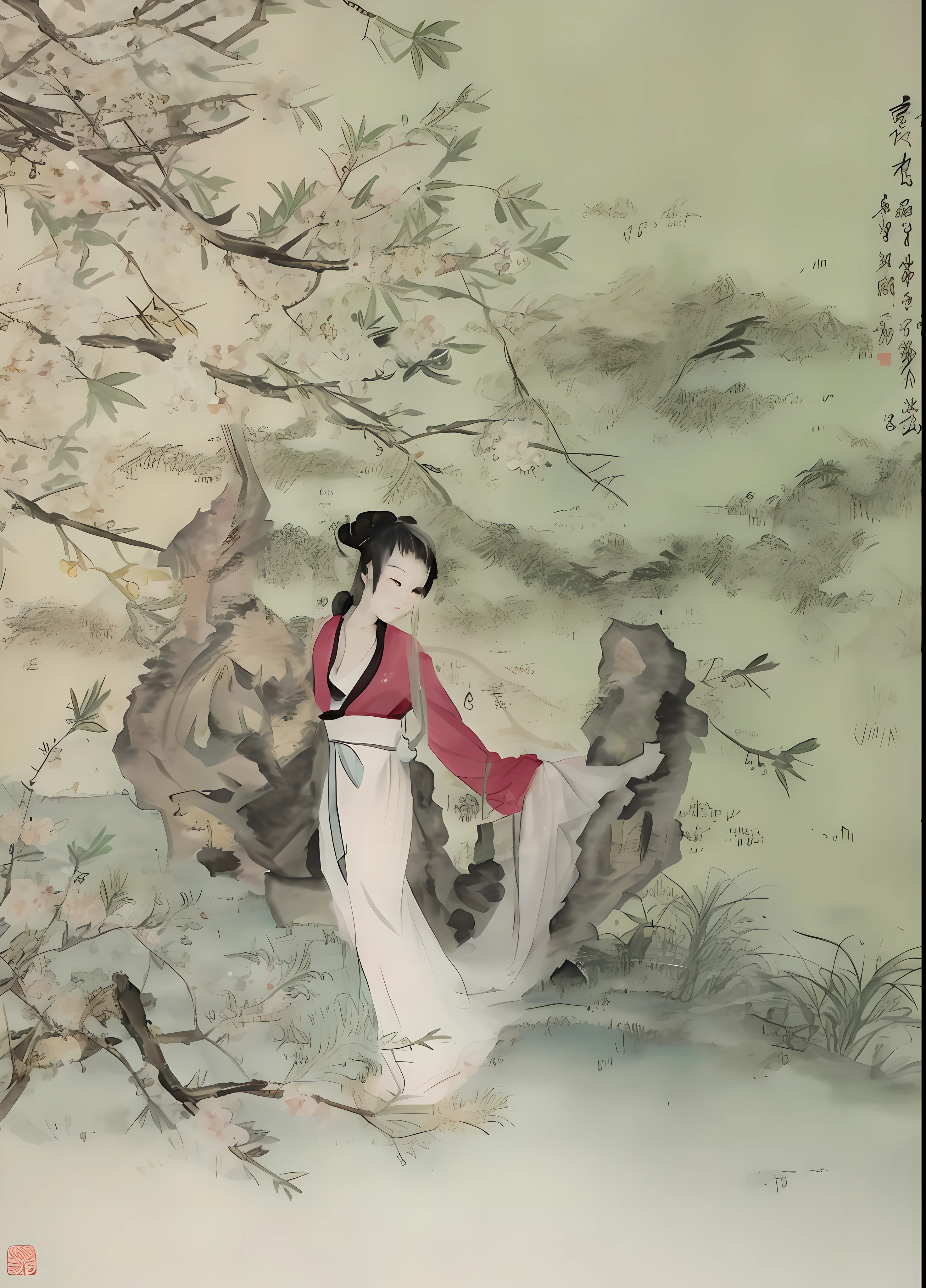 Close-up of a painting of a woman in a red dress, Traditional Chinese painting, Traditional Chinese art, ancient chinese beauti, Chinese art, old chines painting, Chinese painting, inspired by Yun-Fei Ji, Inspired by Qiu Ying, author:Cloud Shouping, inspired by Yun Shouping, Chinese style painting, inspired by Wang Yuanqi