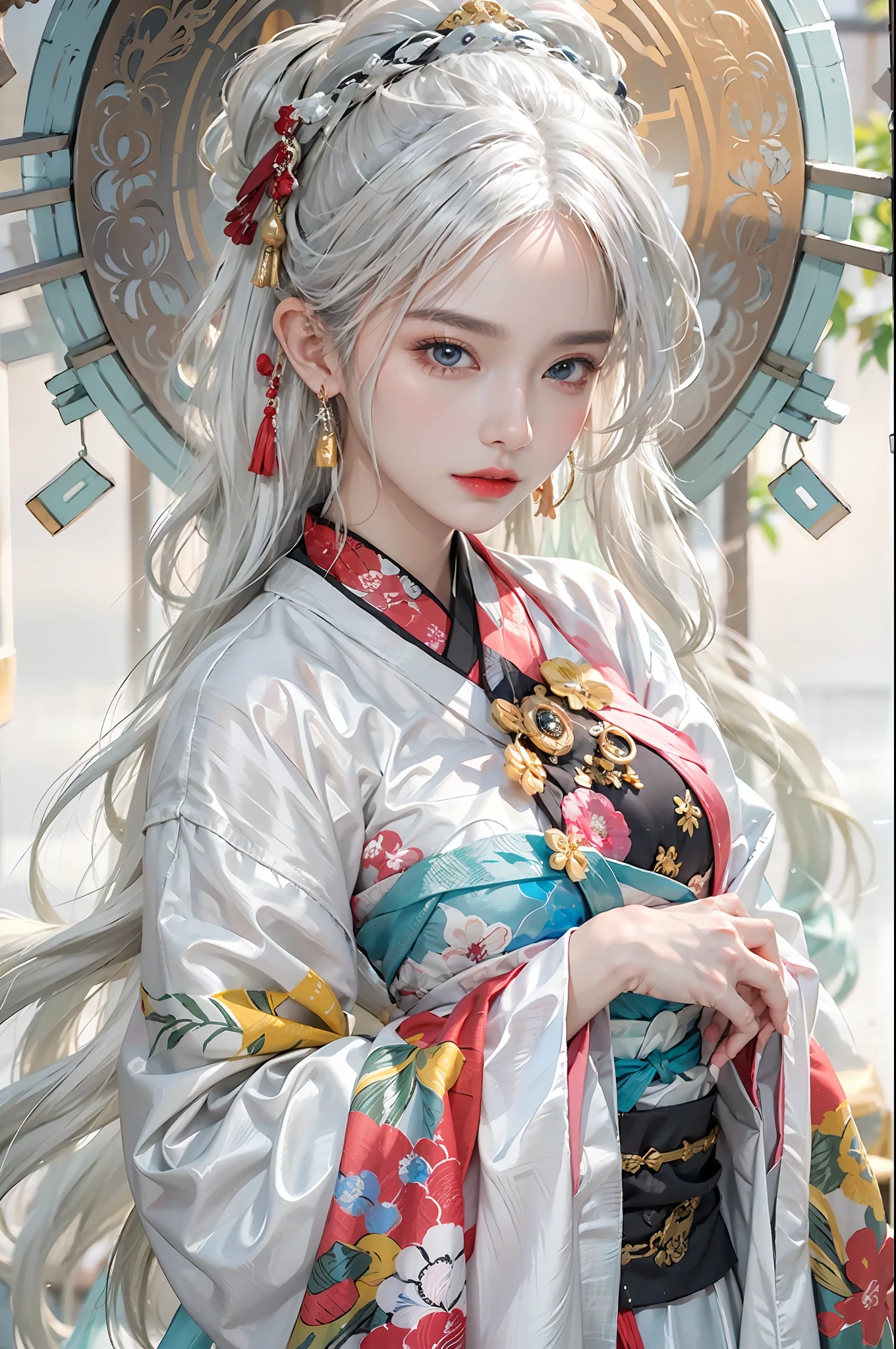 photorealistic, high resolution, colorful, color splash, splash, 1 girl, solo, hips up, beautiful eyes, white hair, medium breast, intricate brocade hanfu, gorgeous accessories, wearing pearl earrings