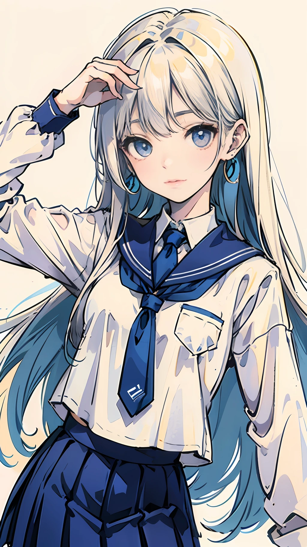 schoolgirls,White-colored skin,blue long hair,White color blouse,Blue JK skirt with tie --auto