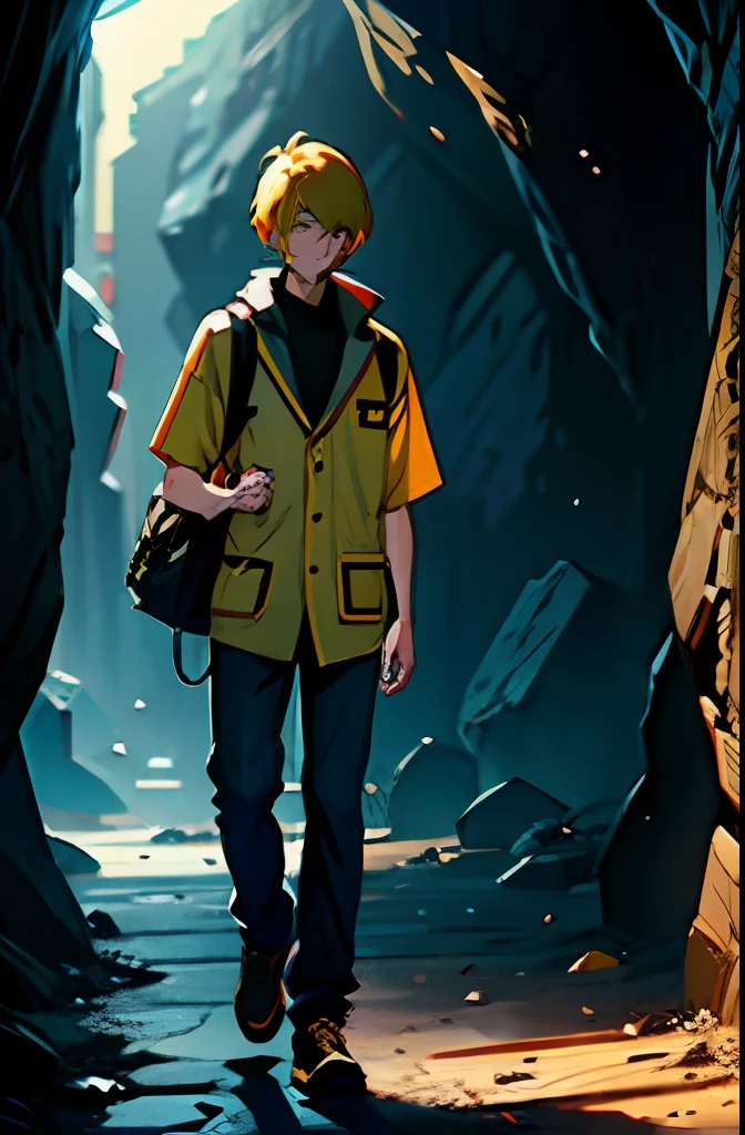 Man with a, scornful, South Korean, expressionless, Chic, Yellow-haired, single hair, goodlooking, Handsome, Cold eyes full body, In a glowing cave, shirt, Backpacks, Brown bag, Fallen Golem