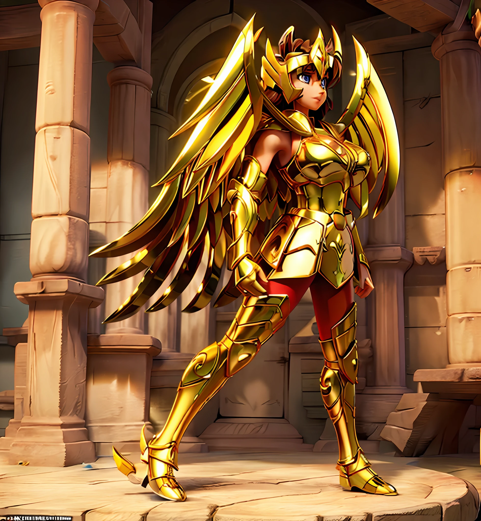 Plump breasts, Ultra-high saturation(tmasterpiece), fully body photo,(best qualtiy), (1girll),super wide shot, sface focus, Wearing golden Sagittarius armor, sexy armor,No underwear,Naked,Bling armor,Fine fine skin,Expose your chest,Expose the waistline,Exposing thighs,cool-pose, Saint Seiya Armor, messy hair,highly detailed realistic photograph of, (((cellshading))), god light, super sharp focus, Ultra high quality, vibrant, (extremely giant breasts:1.7), (Bare breasts:1.4), Shiny latex, , Long hair, (Shiny skin:1.4), shiny lip, Very big ass, Symmetrical detail surfaces, shades, Sexy, Masterpiece,Ultra-high saturation,hight contrast,High-gloss armor,Smooth skin,Enchanted expression,Brown hair,The back has wings,long golden wings