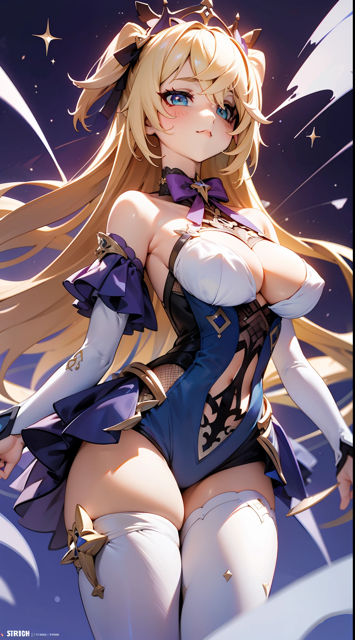fischl(Genshin Impact),starryskybackground,Premium comic titles,Expose abs,Slim figure,cropped shoulders,huge tit,White dress at the bottom,Mesh garment,Fleshy thighs,Below the waist are mesh stockings,Masterpiece,hyper-detailed face,Deep rendering