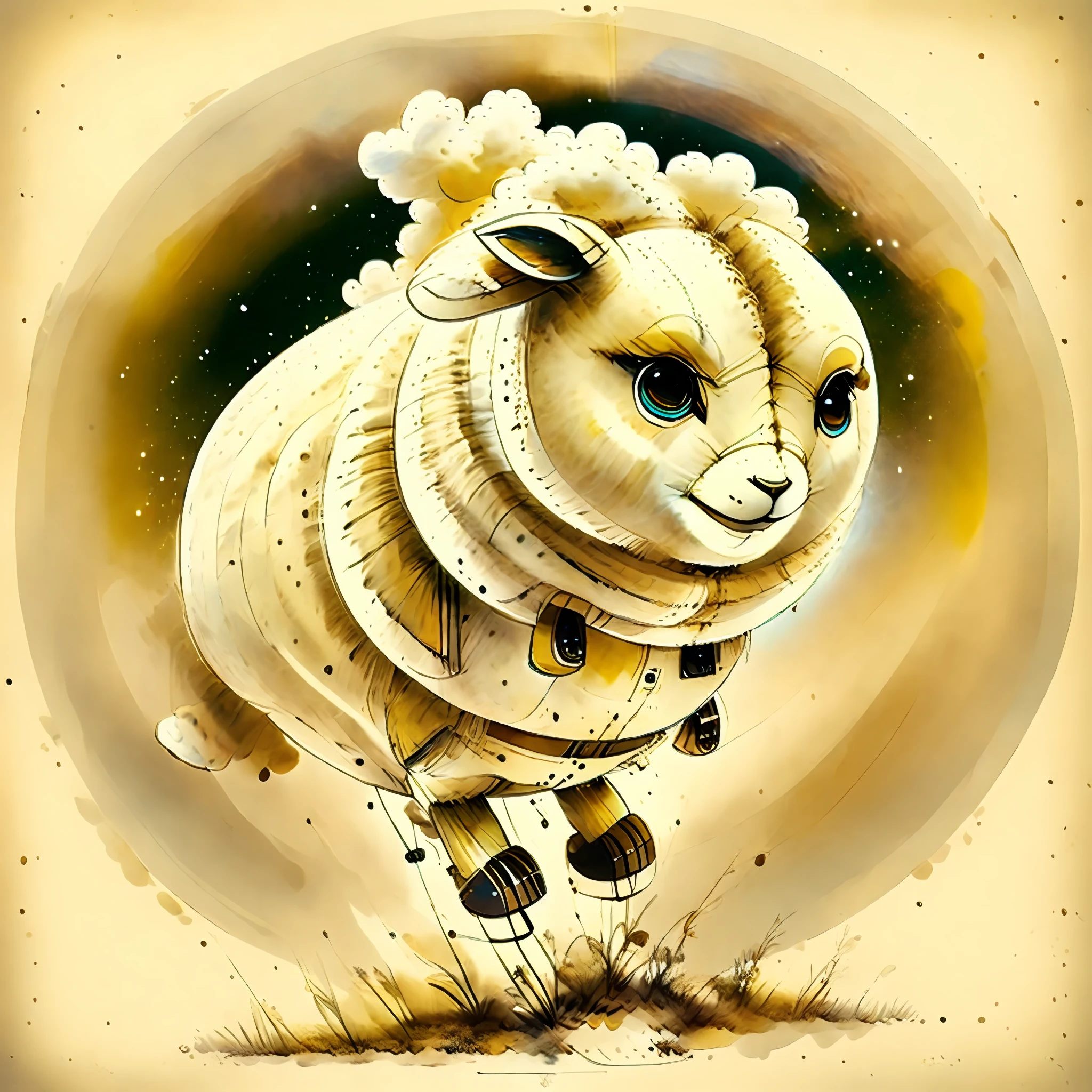 Bipedal creature resembling a sheep, white wool, yellow nose, yellow propeller tail, robotic, blimp-like, flying in the clouds, masterpiece, best quality