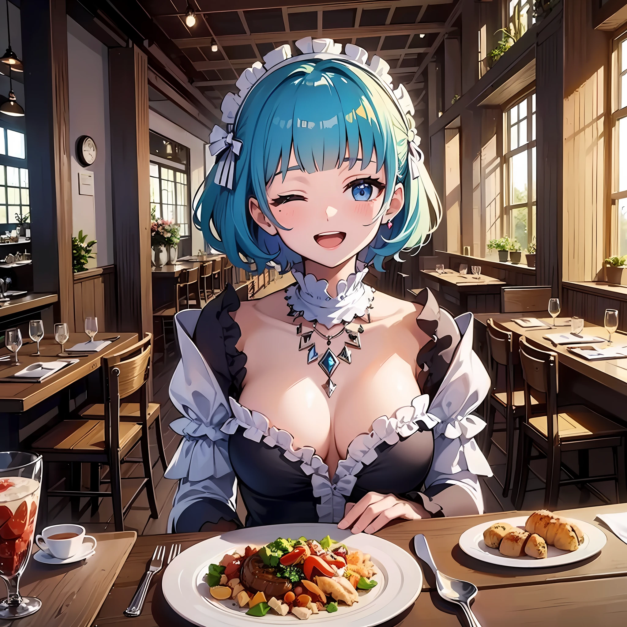 (masterpiece:1.3), (best quality:1.3), high resolution, 


dutch angle, overlook view, couboy shot, 
eating, body facing forward, 

(one cute girl:1.3), solo, 
white skin, small Breast, eight-headed person, 
light blue hair, (bobbed hair:1.2), (short hair:1.2), (blunt bangs:1.2), beautiful hair, blue eyes, beautiful detailed eyes, 

open mouth, heart, cheerful smile, one eye closed, 

one piece dress, frill, detached sleeves, Simple Costumes, 

indoors, restaurant, 

shadowlighting,