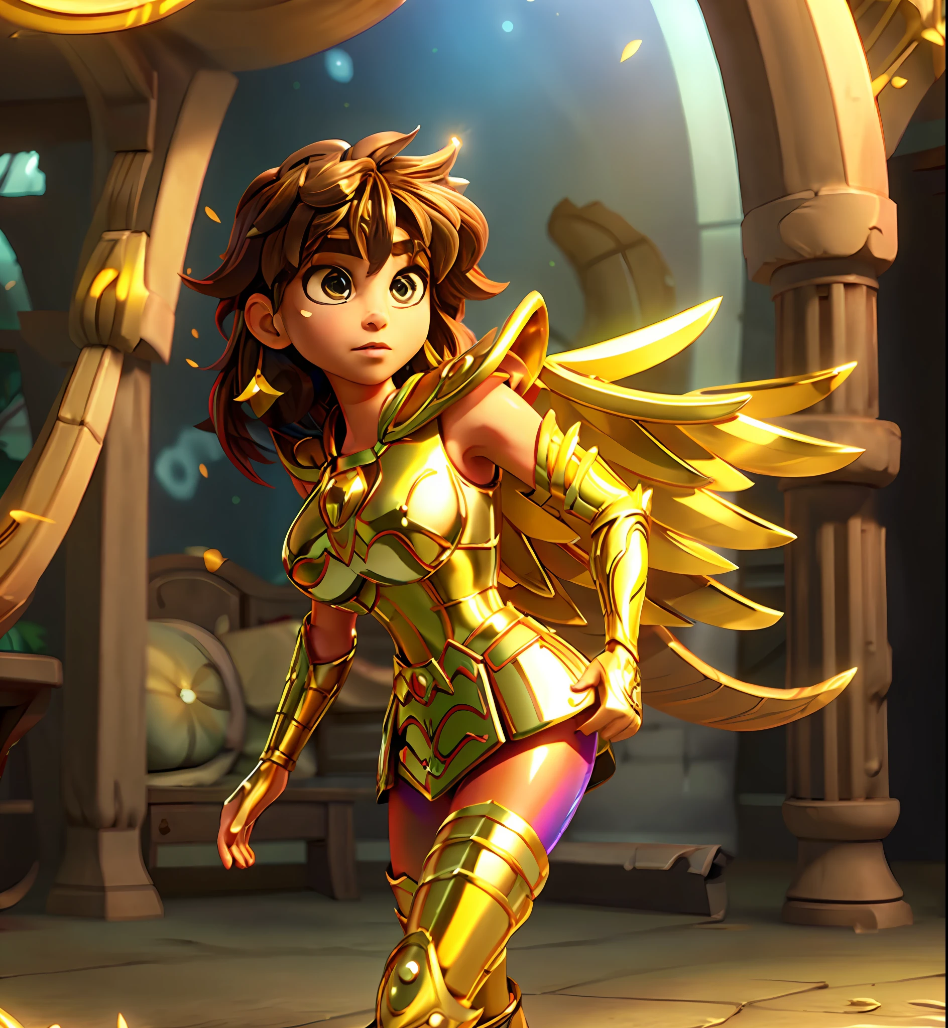 Plump breasts, Ultra-high saturation(tmasterpiece), fully body photo,(best qualtiy), (1girll),super wide shot, sface focus, Wearing golden Sagittarius armor, sexy armor,No underwear,Naked,Bling armor,Fine fine skin,Expose your chest,Expose the waistline,Exposing thighs,cool-pose, Saint Seiya Armor, messy hair,highly detailed realistic photograph of, (((cellshading))), god light, super sharp focus, Ultra high quality, vibrant, (extremely giant breasts:1.7), (Bare breasts:1.4), Shiny latex, , Long hair, (Shiny skin:1.4), shiny lip, Very big ass, Symmetrical detail surfaces, shades, Sexy, Masterpiece,Ultra-high saturation,hight contrast,High-gloss armor,Smooth skin,Enchanted expression,Brown hair,The back has wings,long golden wings,Pixar style, photo of a stunning beautiful Brazilian woman supermodel character, honey eyes, long messy windy light brown hair, flipping hair, Close-up zoom in (Masterpiece:1.2) (Photorealistic:1.2) (Bokeh:1.2) (Best quality) (Color grading) (Detailed skin:1.3) (Intricate) (8K) (hdr) (Cinematic lighting:1.3) (Sharp focus), messy windy hair, cute big circular reflective eyes, Pixar render, unreal engine cinematic smooth, intricately details