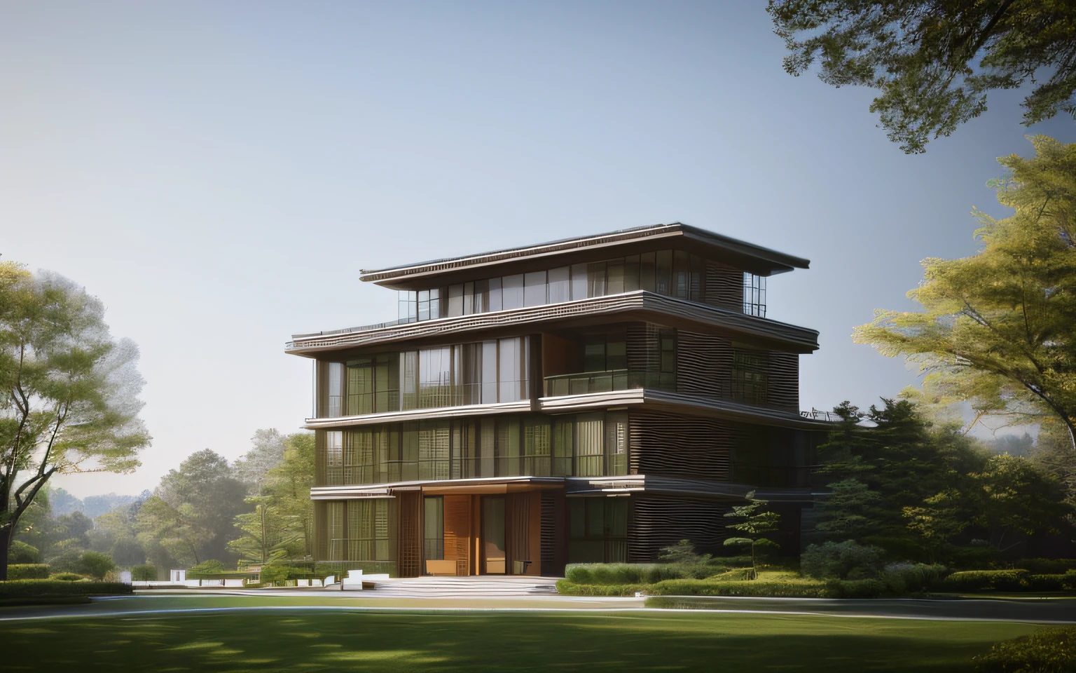 The residence of the world's richest man designed by Mies van der Rohe and Kengo Kuma，Great architectural design， Super mansion with minimalism and naturalism,architectural photography,natural vibe，spring scenery，natural vitality，hyper HD，ultra - detailed，architectural photography，best photograpy，UE5 engine，Frey 6.0 render，Hyper-realistic rendering