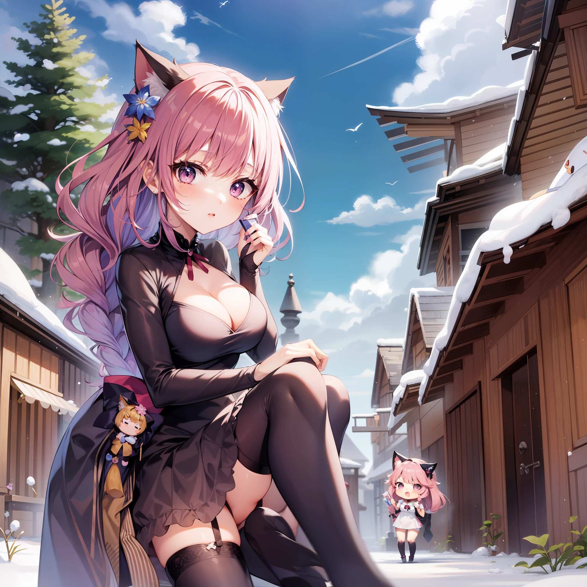 Chibi Cat Character、kawaii、A pink-haired、snowy background、showy、Sexy Character、Put a good morning letter、