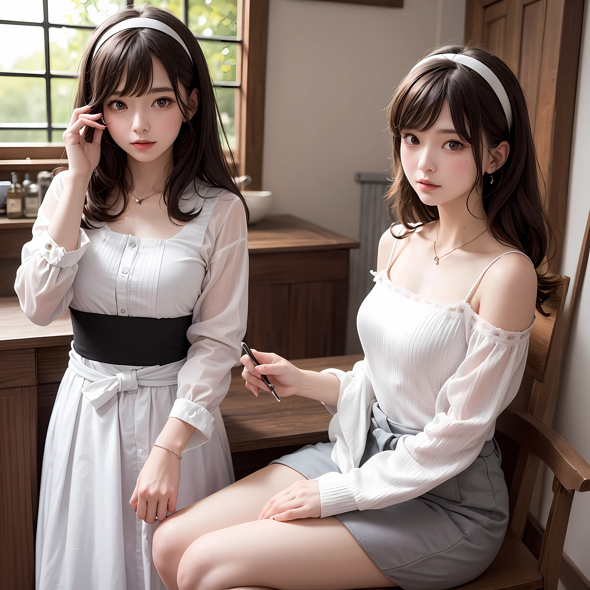 The protagonist of "Atelier Marie," Marie, has a charming and youthful appearance, She is depicted as a young girl with shoulder-length brown hair that has a slight wave to it, Her hair is usually adorned with a cute hairband, often with a ribbon or bow, Marie's eyes are a vibrant shade of green, sparkling with curiosity and creativity, In terms of her clothing, Marie is typically seen wearing a pale-colored blouse with puffed sleeves that reach just above her elbows, She pairs this with a knee-length skirt, matching the color scheme of her blouse, Marie's outfit is often completed with a white apron tied around her waist, giving her a classic and charming aesthetic, Marie's gentle and innocent expression, combined with her practical and artistic attire, perfectly captures her role as an aspiring alchemist. Her appearance reflects her dedication to her craft and her whimsical nature, making her an endearing and relatable character in the world of "Atelier Marie." --auto