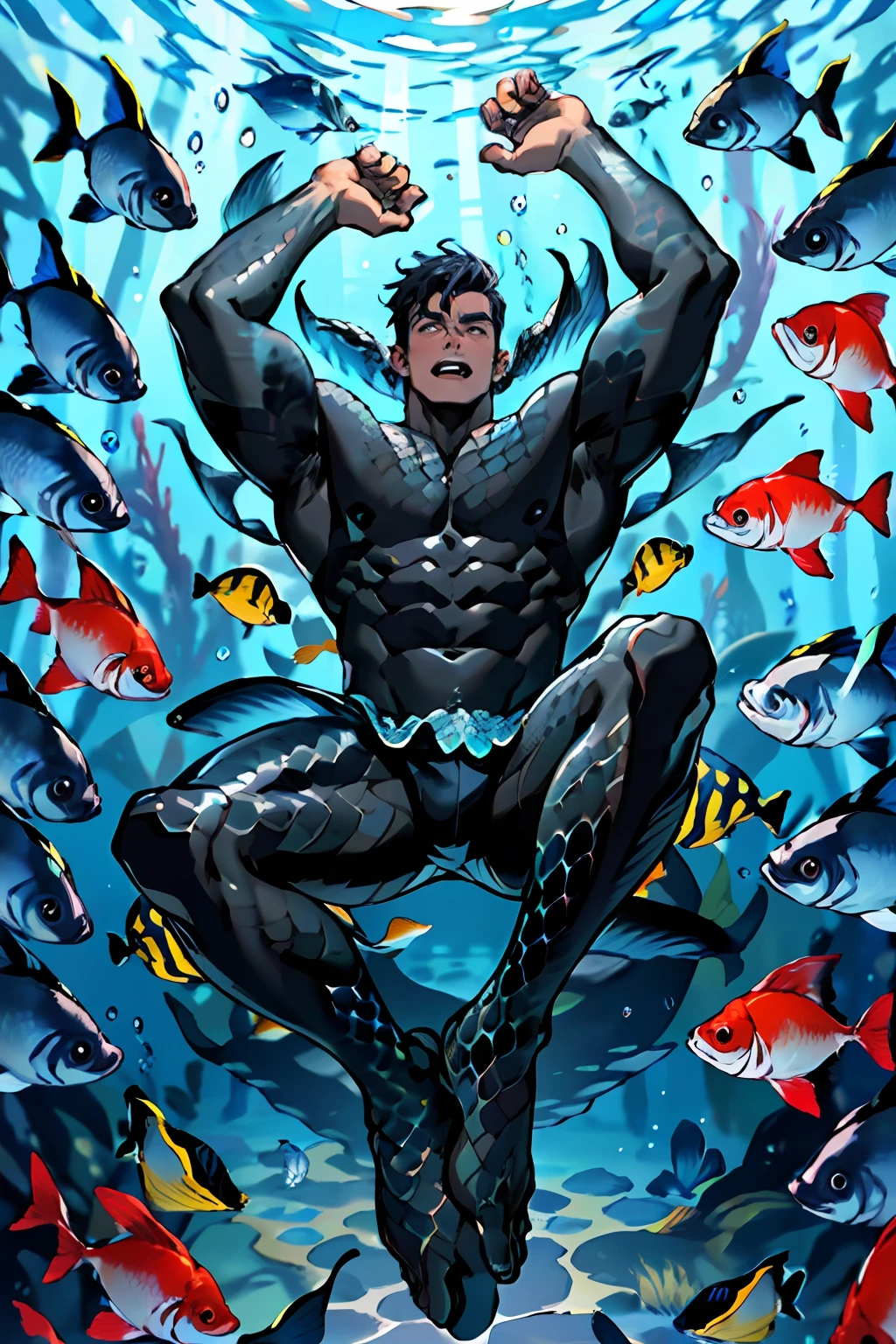 handsome man, on an obsidian beach with water covering lower body, lying on back and holding his own legs up, knees bent, muscular thigh, mermaid loin cloth, top view , expression of ecstasy, fish scale skin, mermaid skin, (black fish scale skin:1.5), mermaid man with fish scales skin, mermaid man with fish scales on legs